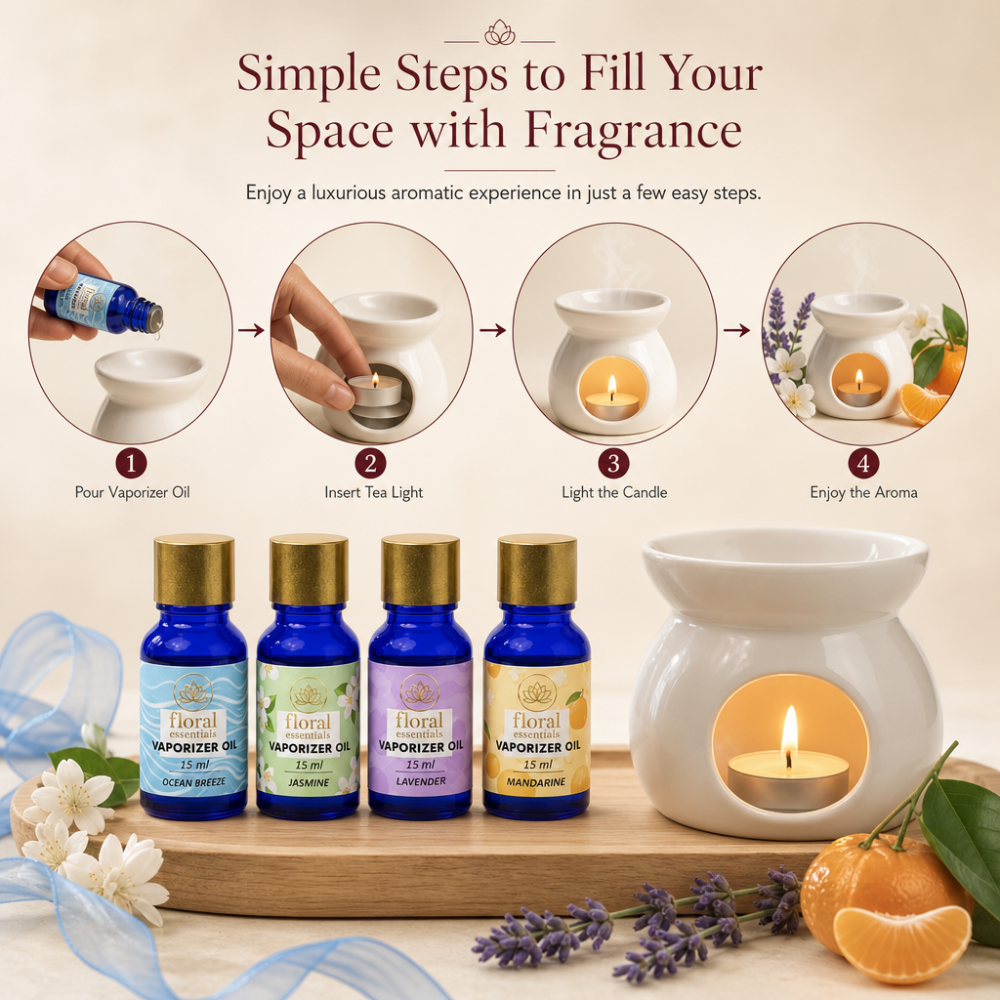 Floral Essentials 4-Pack 15ml Vaporiser Oils | Ocean Breeze, Jasmine, Lavender & Mandarin