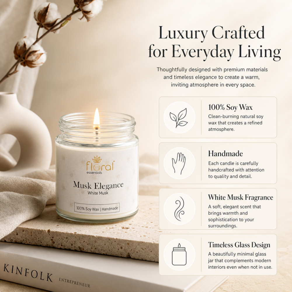 Floral Essentials Musk Elegance Soy Wax Candle | 28 Hours Burn Time