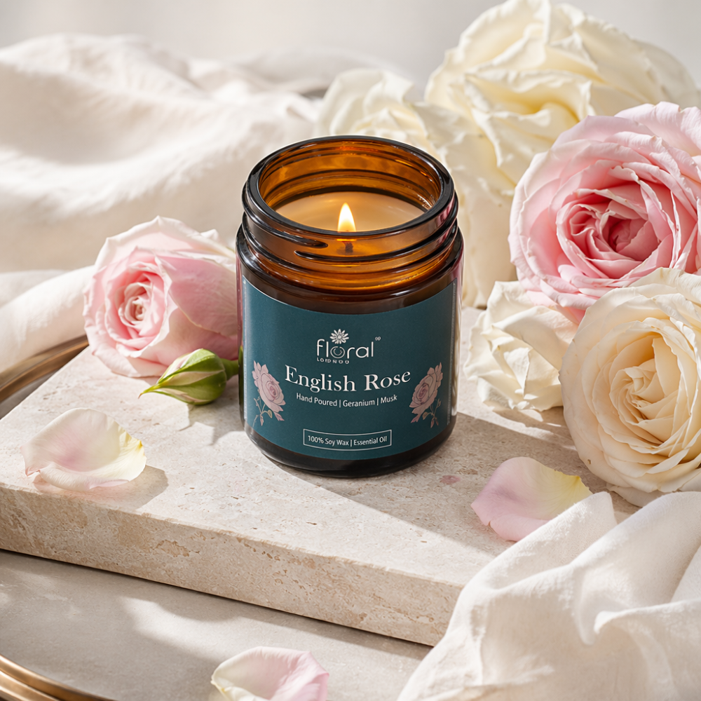 Floral Essentials English Rose Soy Wax Candle | 24 Hours Burn Time