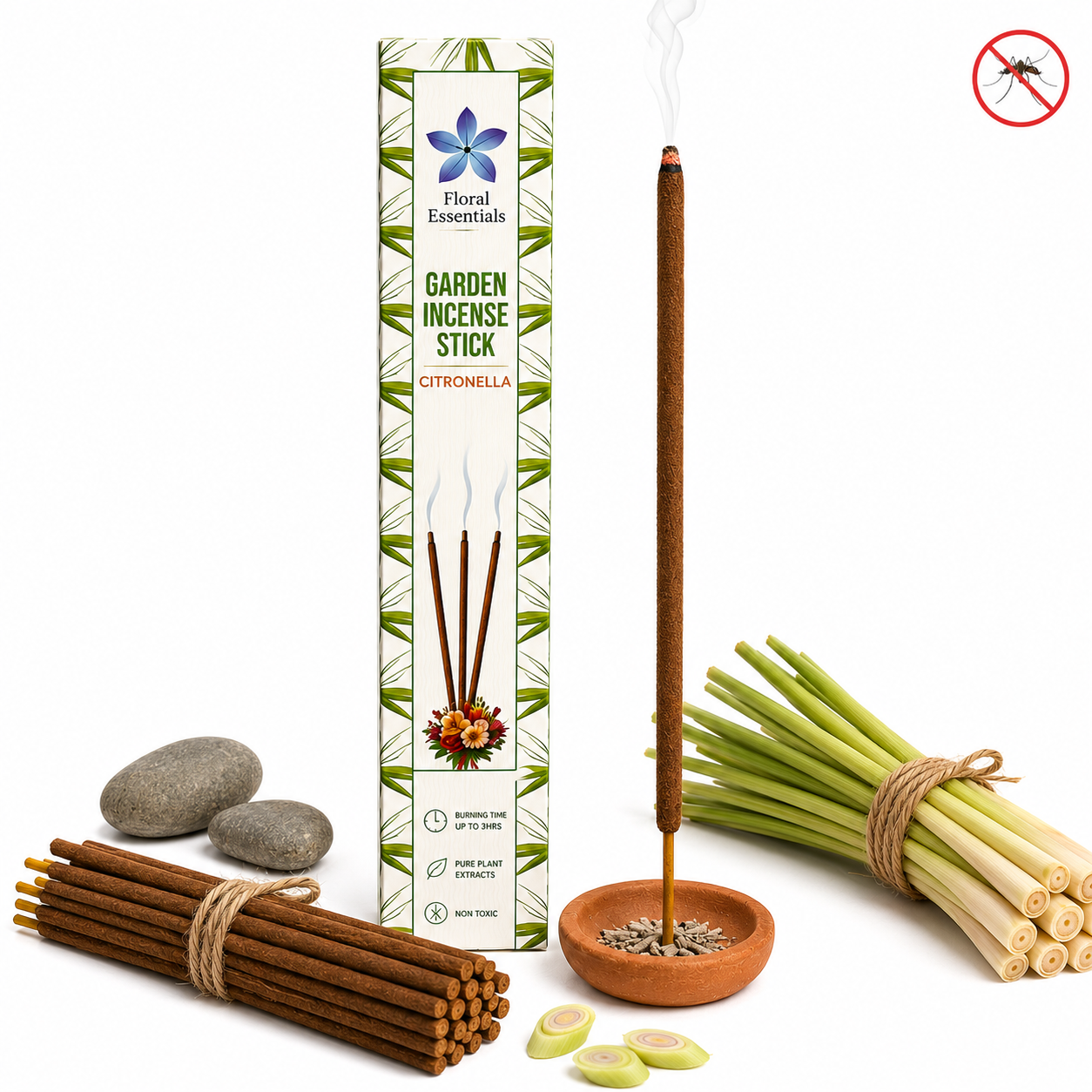Floral Essentials Citronella Mosquito Repellent Agarbatti | Herbal Outdoor Incense Sticks