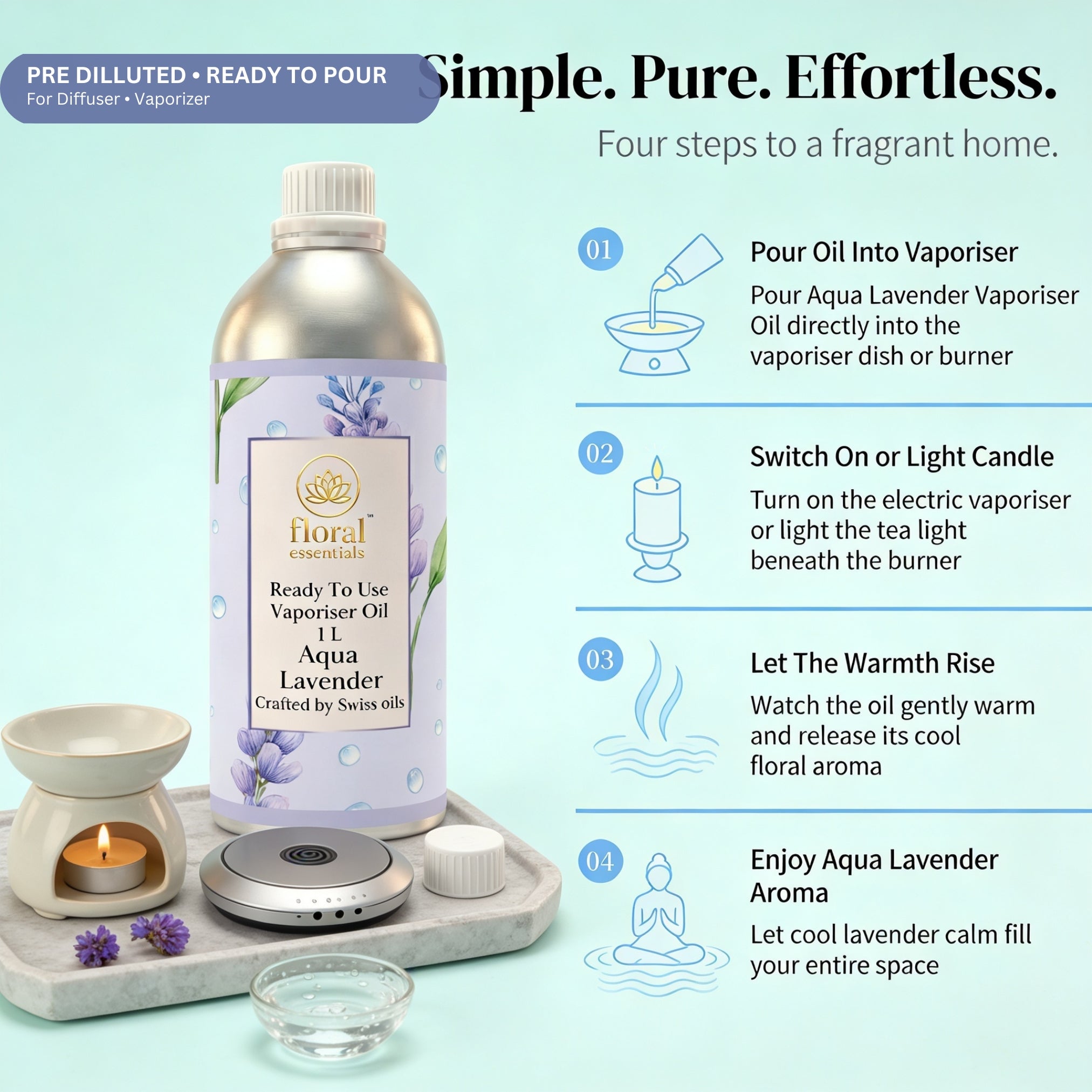 Floral Essentials Aqua Lavender Vaporiser Oil 1L | Ready to Use Aroma Oil
