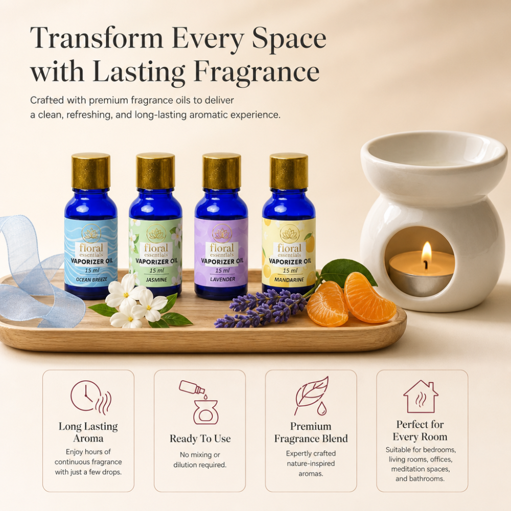 Floral Essentials 4-Pack 15ml Vaporiser Oils | Ocean Breeze, Jasmine, Lavender & Mandarin