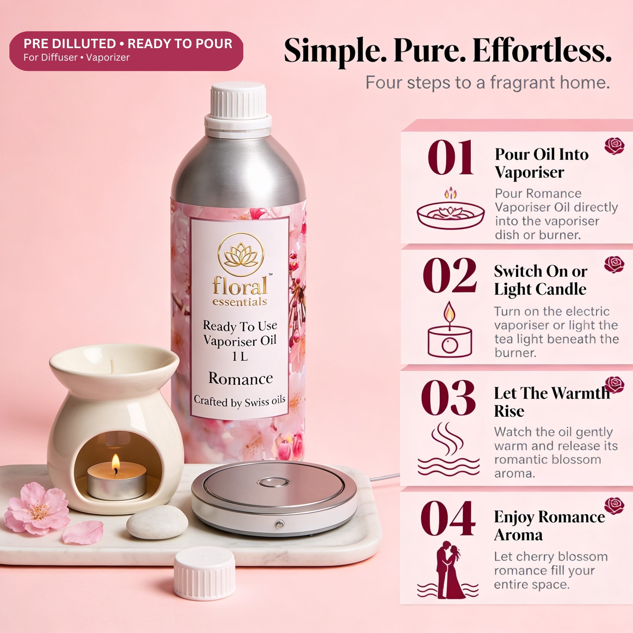 Floral Essentials Romance Vaporiser Oil 1L | Ready to Use Aroma Oil