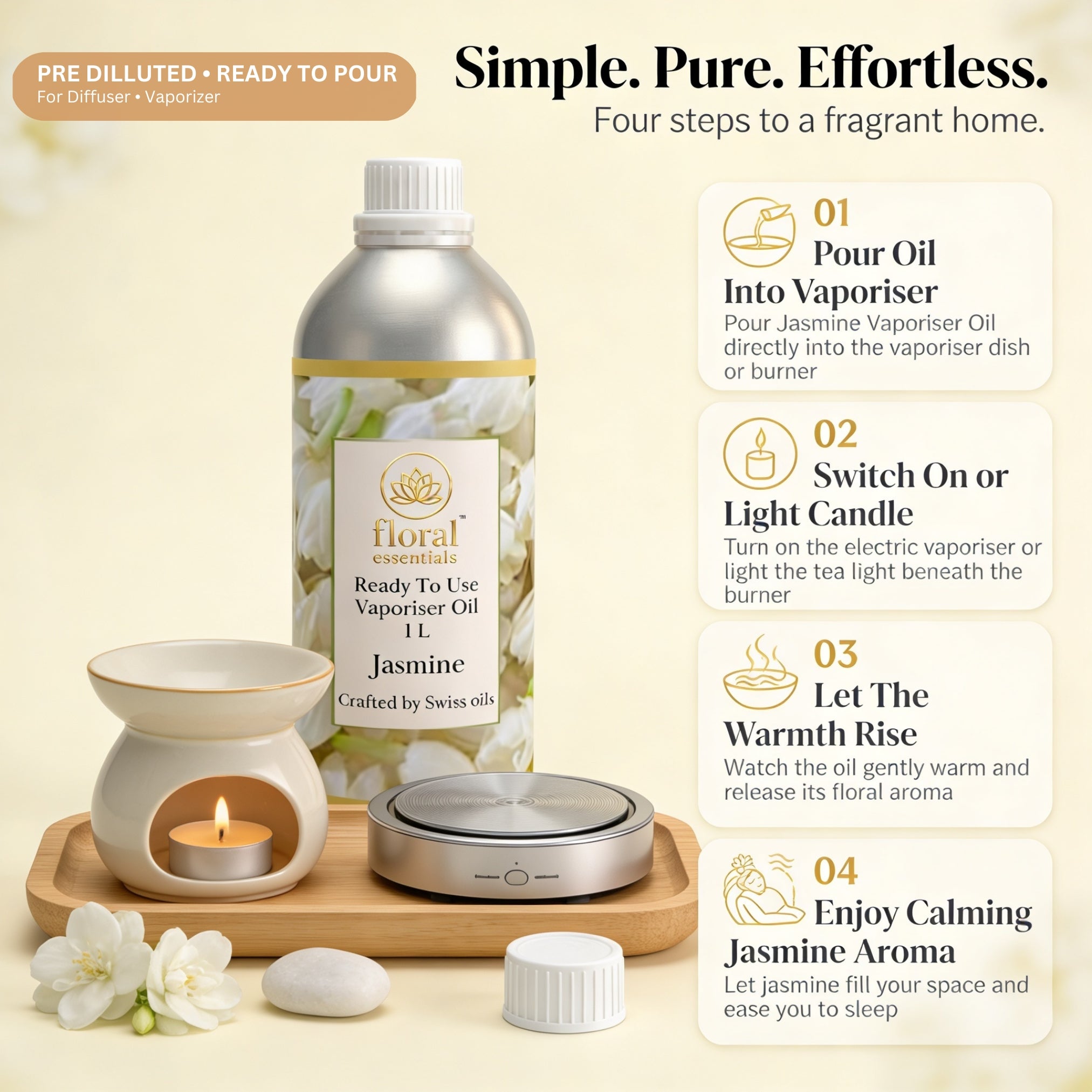 Floral Essentials Jasmine Vaporiser Oil 1L | Ready to Use Aroma Oil