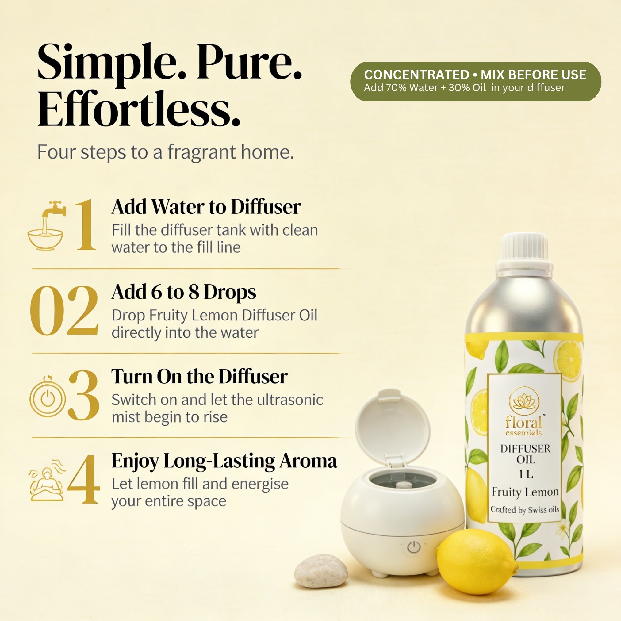 Floral Essentials Fruity Lemon Diffuser Oil 1L | Fresh Citrus Aroma Oil for Diffusers