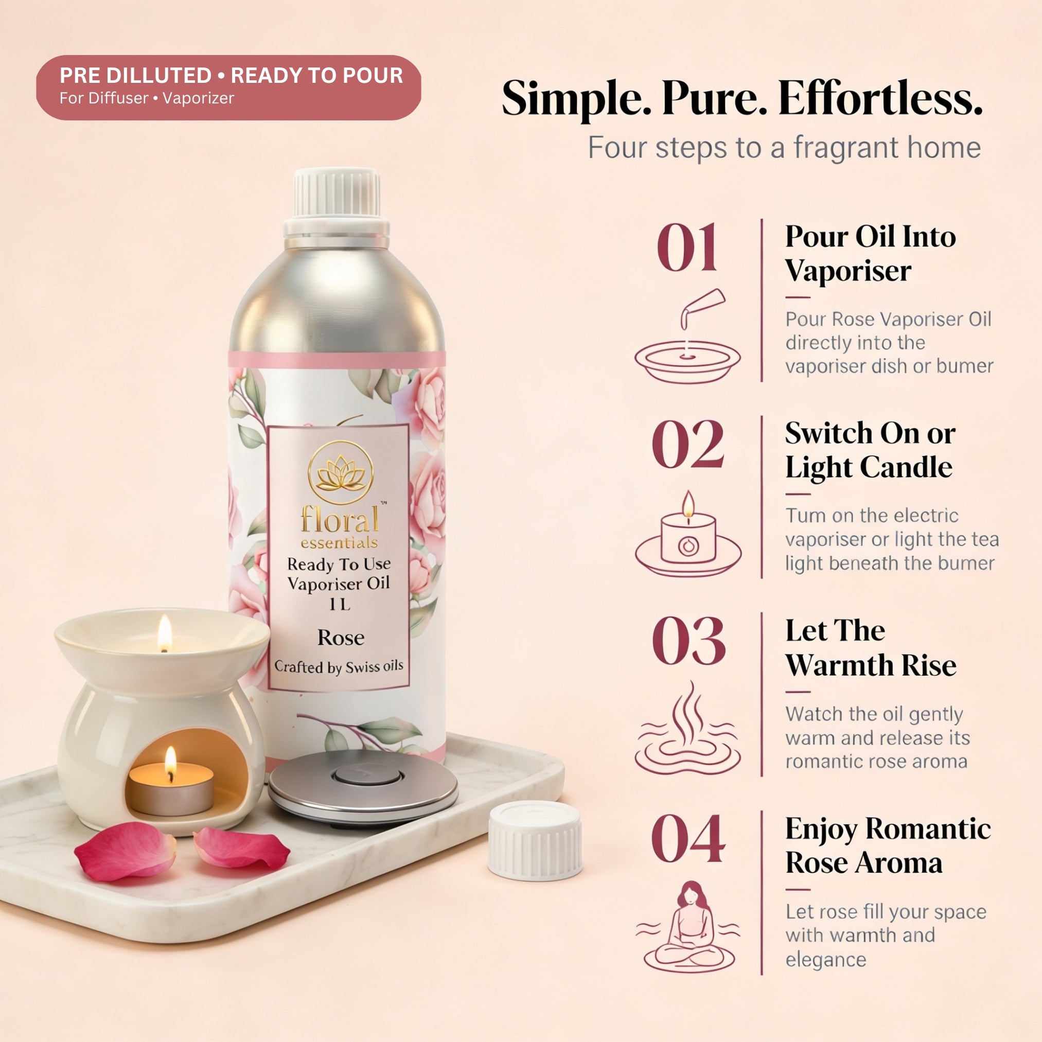 Floral Essentials Rose Vaporiser Oil 1L | Ready to Use Aroma Oil