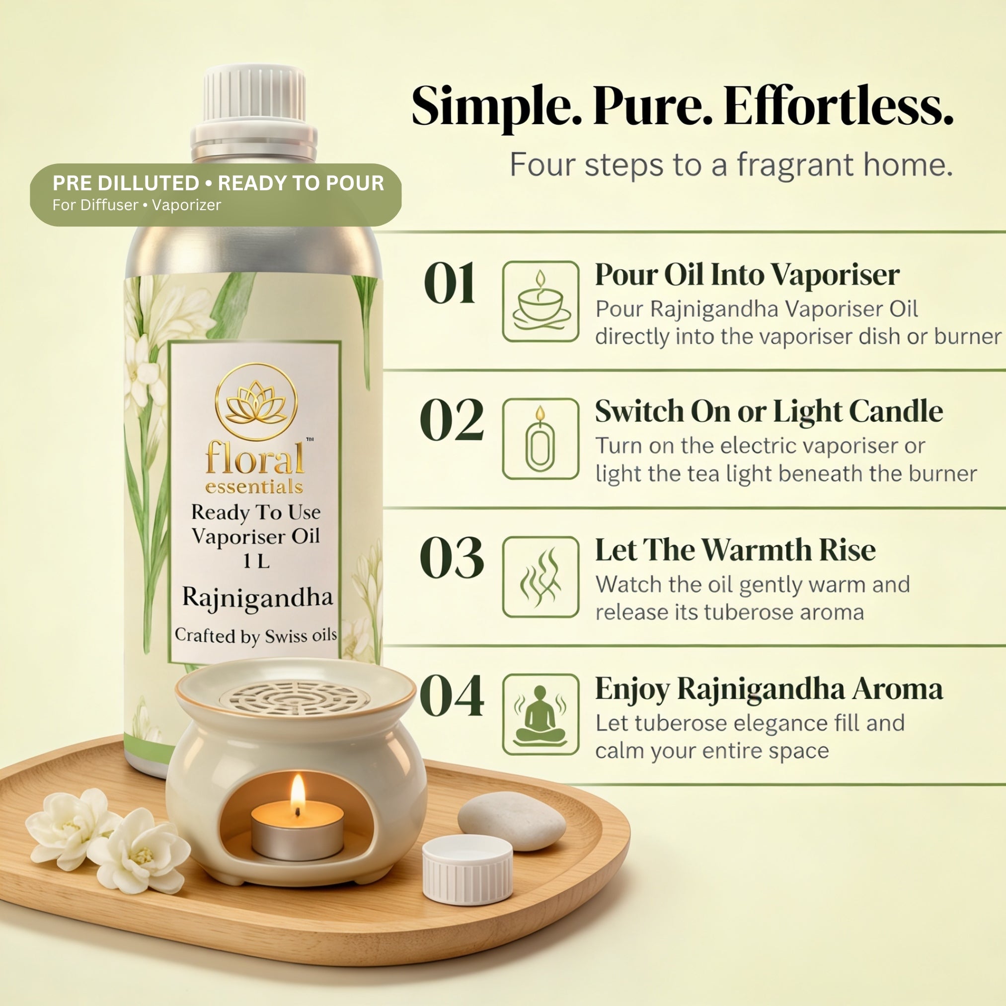 Floral Essentials Rajnigandha Vaporiser Oil 1L | Ready to Use Aroma Oil
