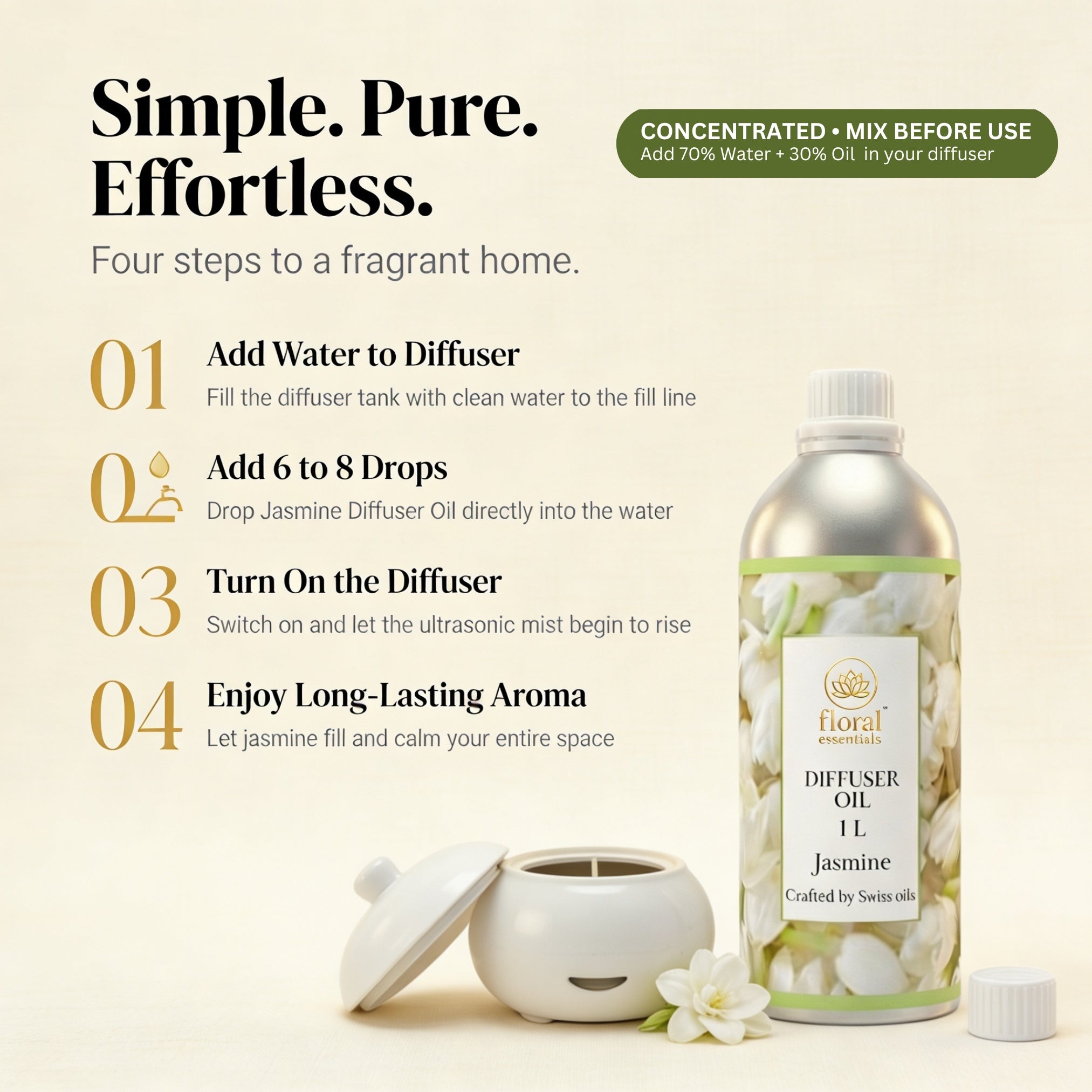 Floral Essentials Jasmine Diffuser Oil 1L | Aroma Oil for Diffusers