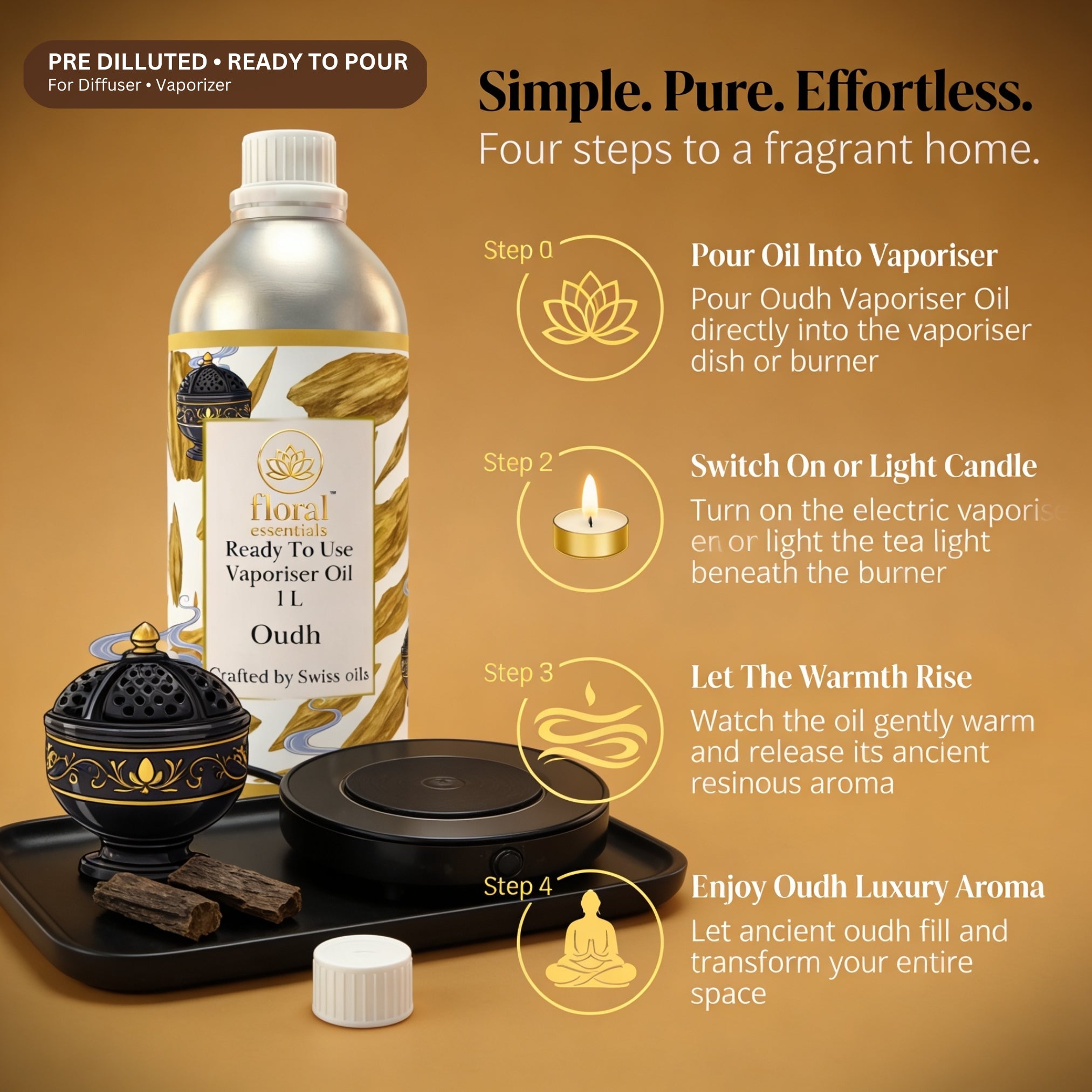 Floral Essentials Oudh Vaporiser Oil 1L | Ready to Use Aroma Oil