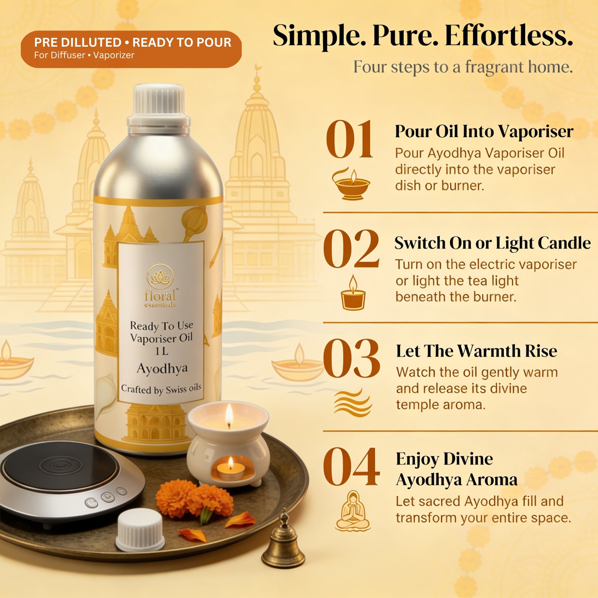 Floral Essentials Ayodhya Vaporiser Oil 1L | Ready to Use Aroma Oil