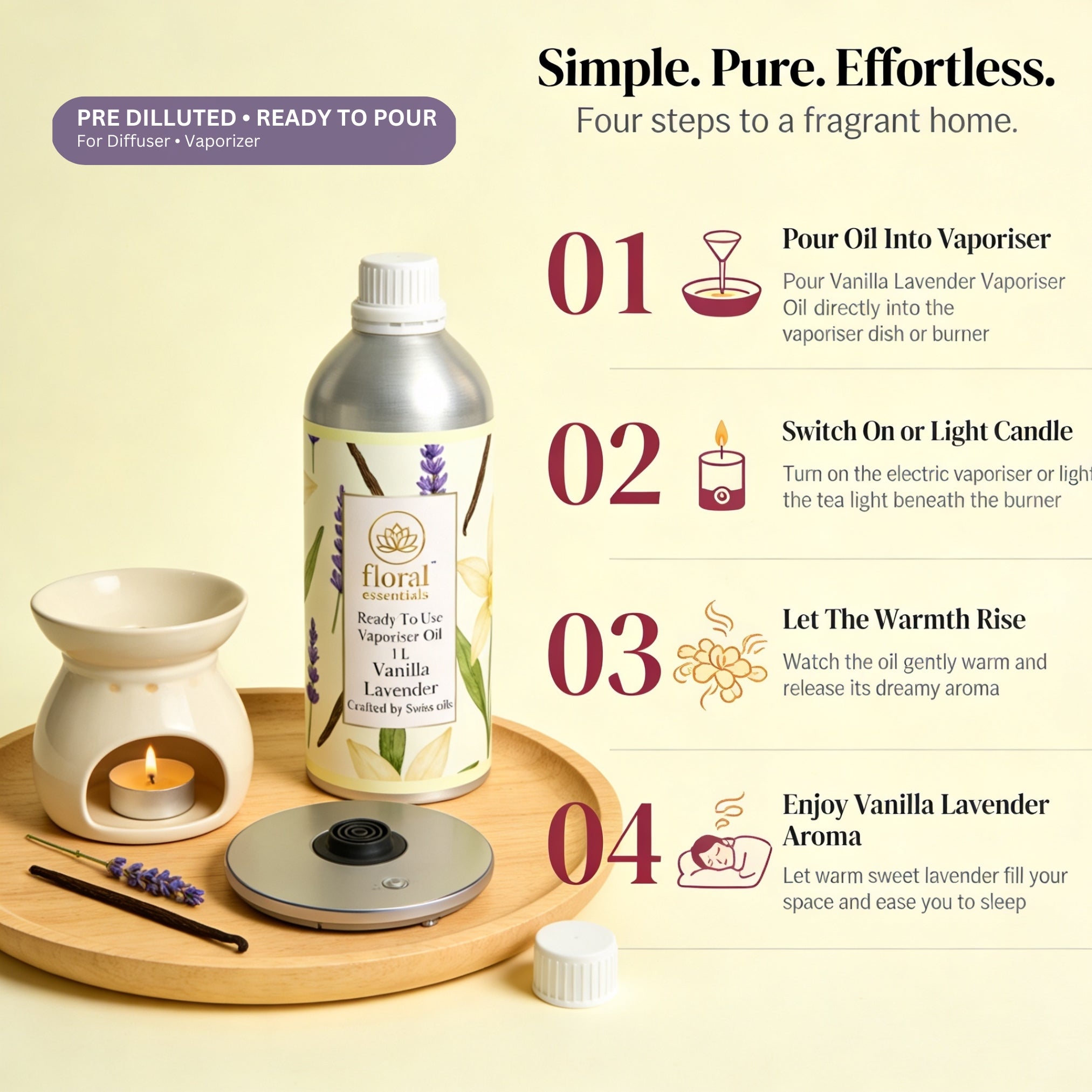 Floral Essentials Vanilla Lavender Vaporiser Oil 1L | Ready to Use Aroma Oil