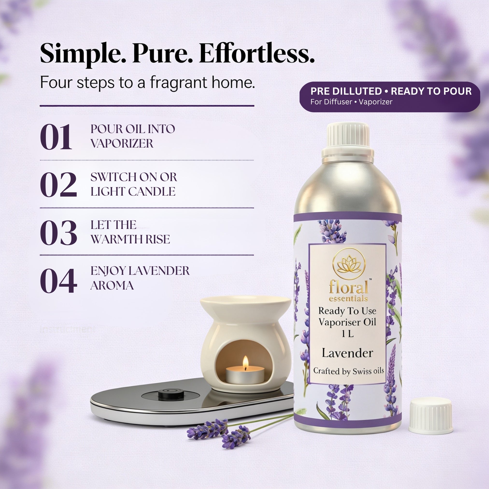 Floral Essentials Lavender Vaporiser Oil 1L | Ready to Use Aroma Oil