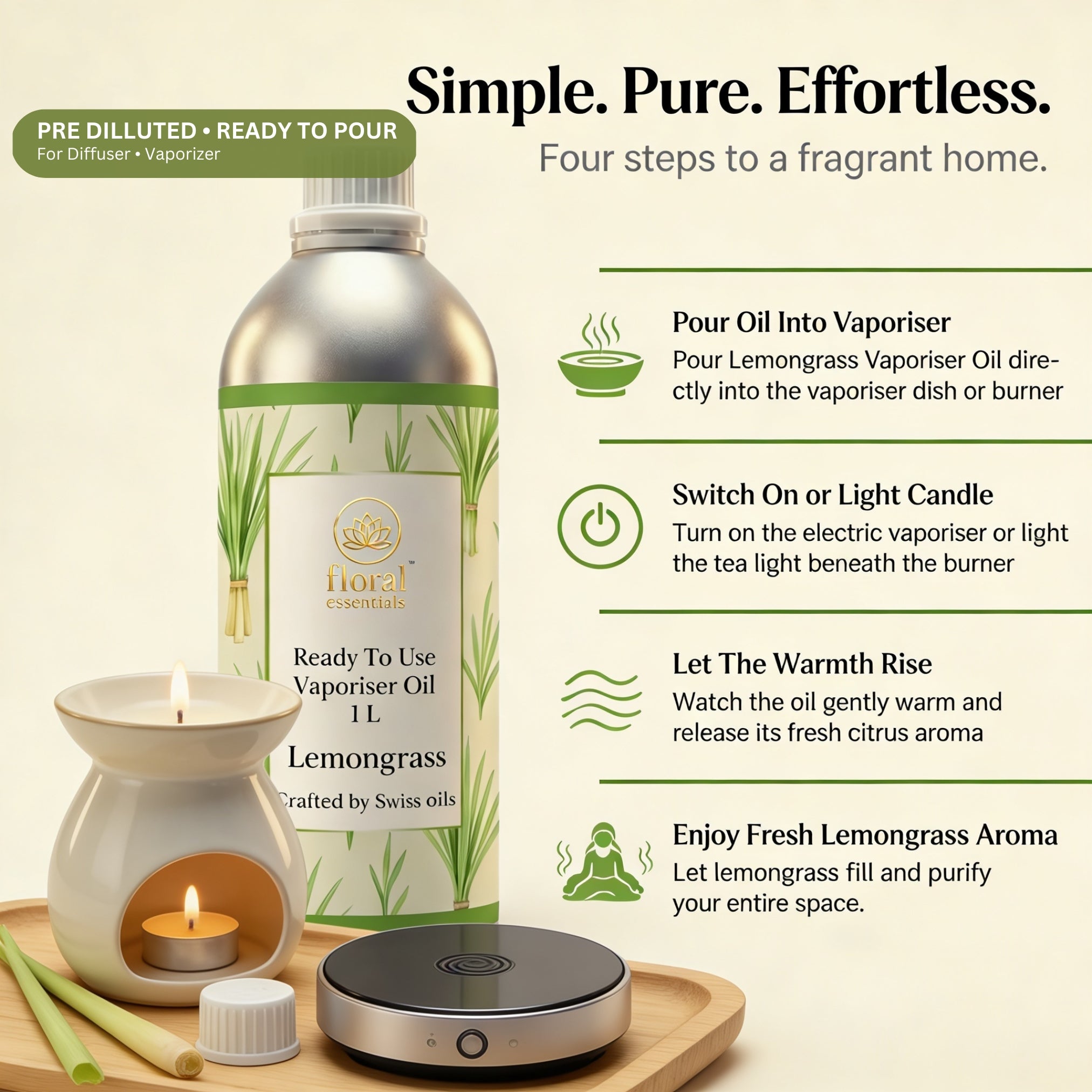Floral Essentials Lemongrass Vaporiser Oil 1L | Ready to Use Aroma Oil