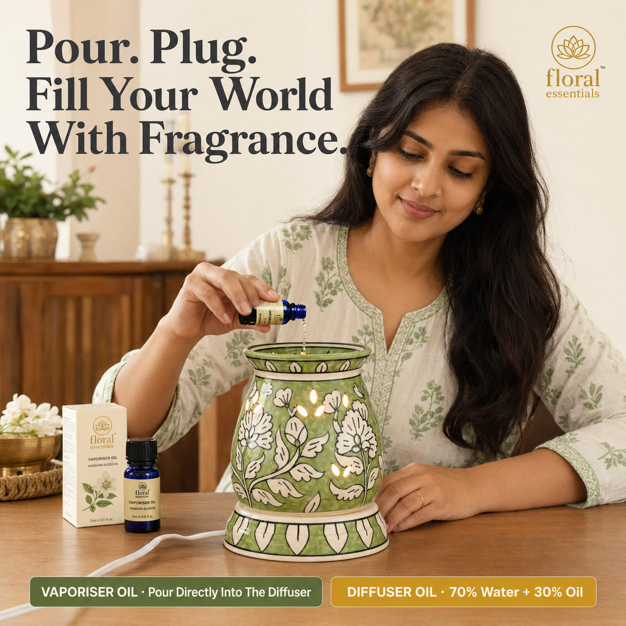 Floral Essentials Ceramic Electric Diffuser | Aroma Oil Burner | Elegant Minimal Design