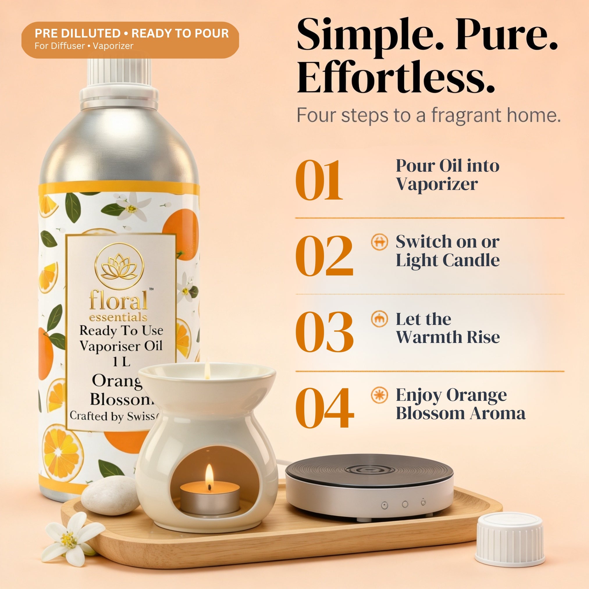 Floral Essentials Orange Blossom Vaporiser Oil 1L | Ready to Use Aroma Oil