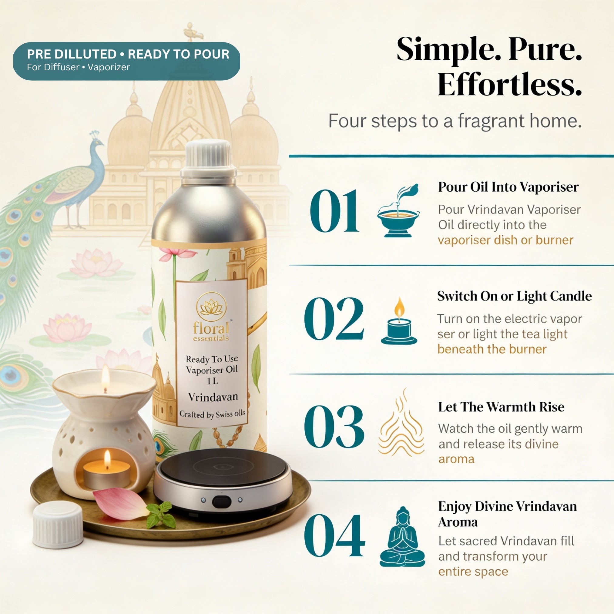 Floral Essentials Vrindavan Vaporiser Oil 1L | Ready to Use Aroma Oil