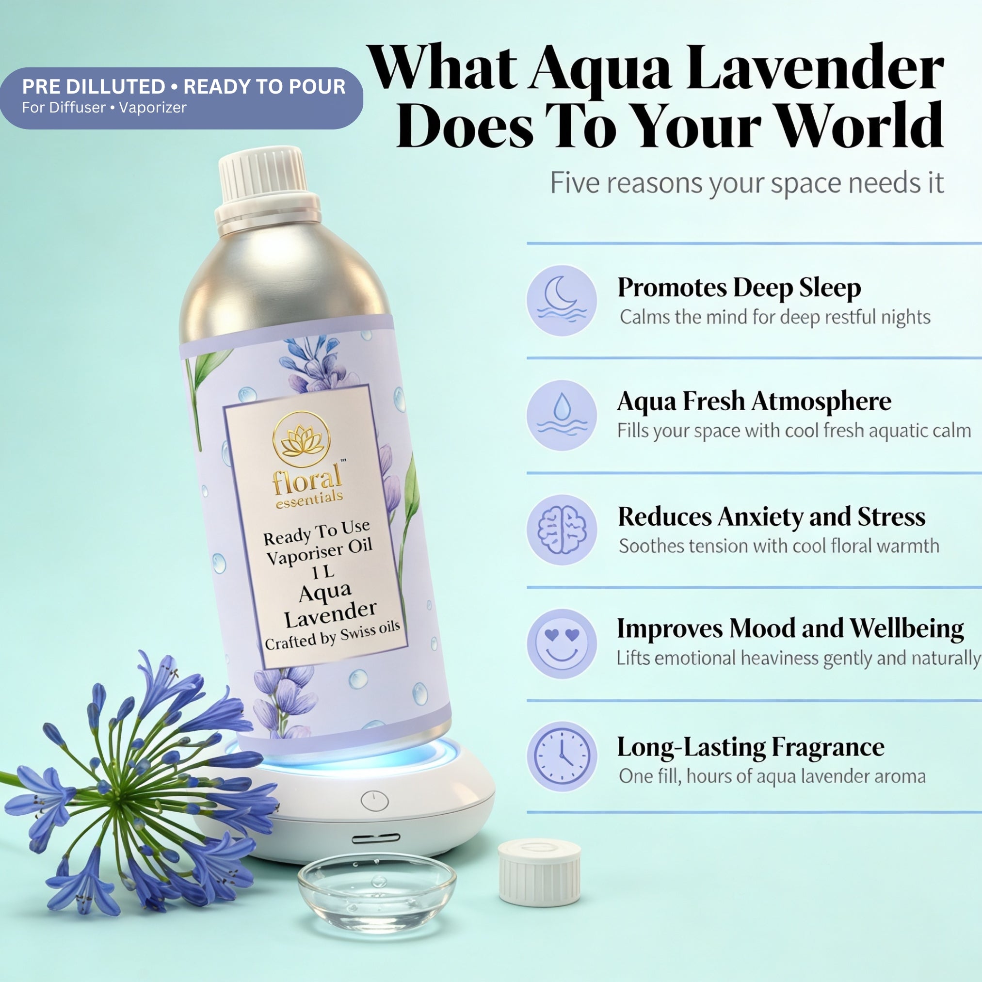 Floral Essentials Aqua Lavender Vaporiser Oil 1L | Ready to Use Aroma Oil