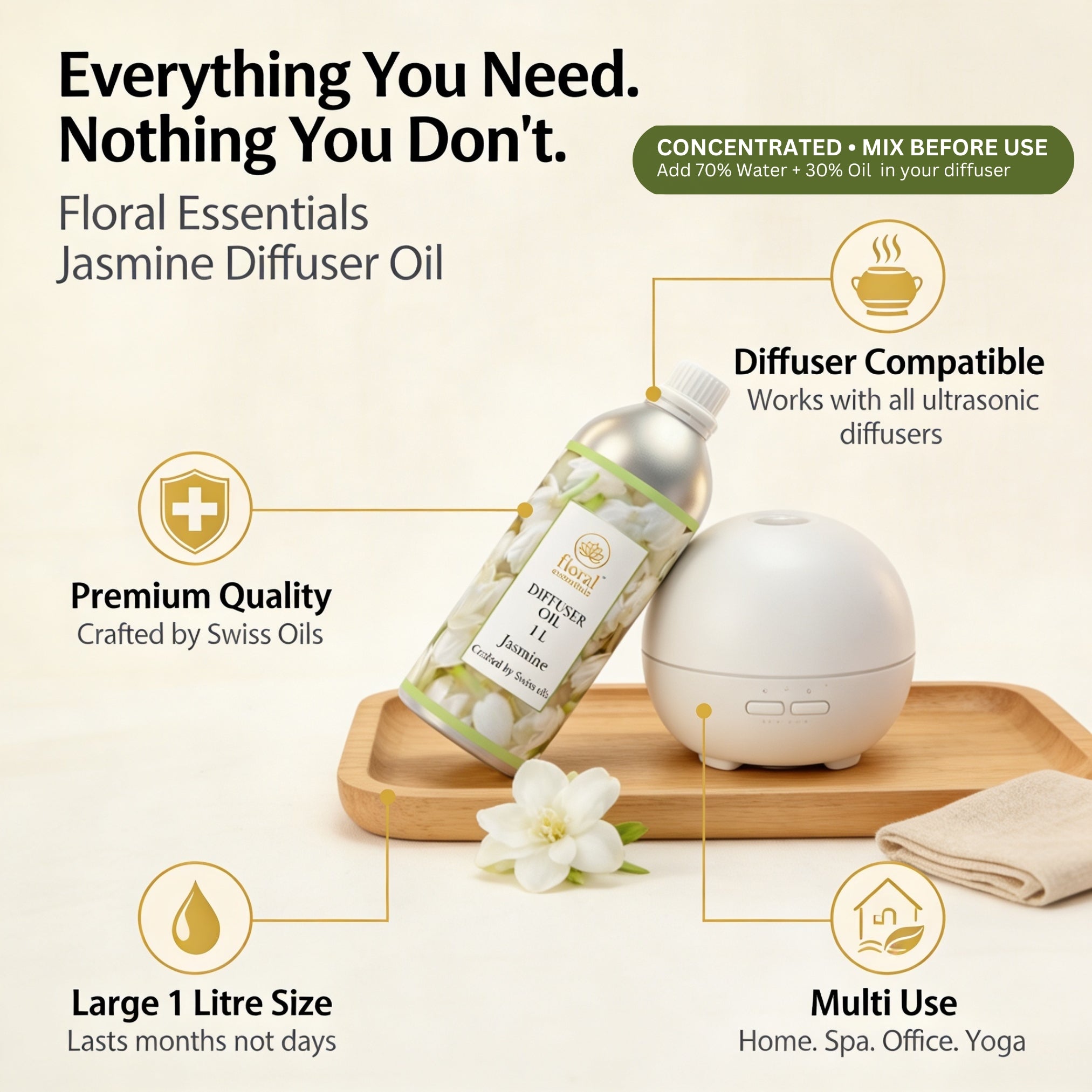 Floral Essentials Jasmine Diffuser Oil 1L | Aroma Oil for Diffusers