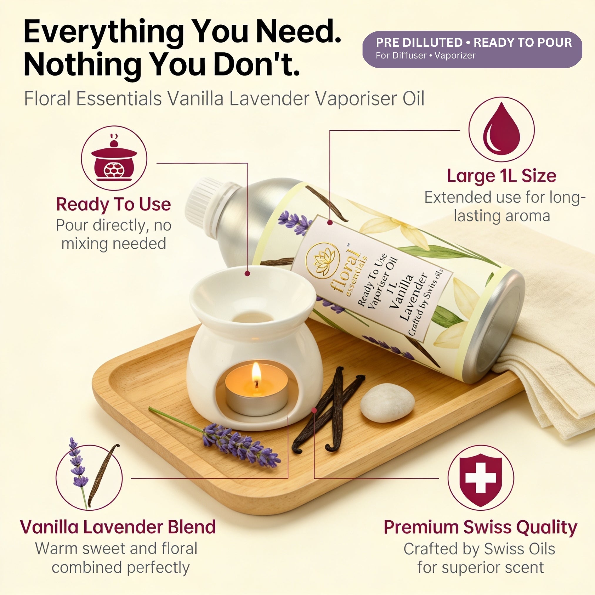 Floral Essentials Vanilla Lavender Vaporiser Oil 1L | Ready to Use Aroma Oil