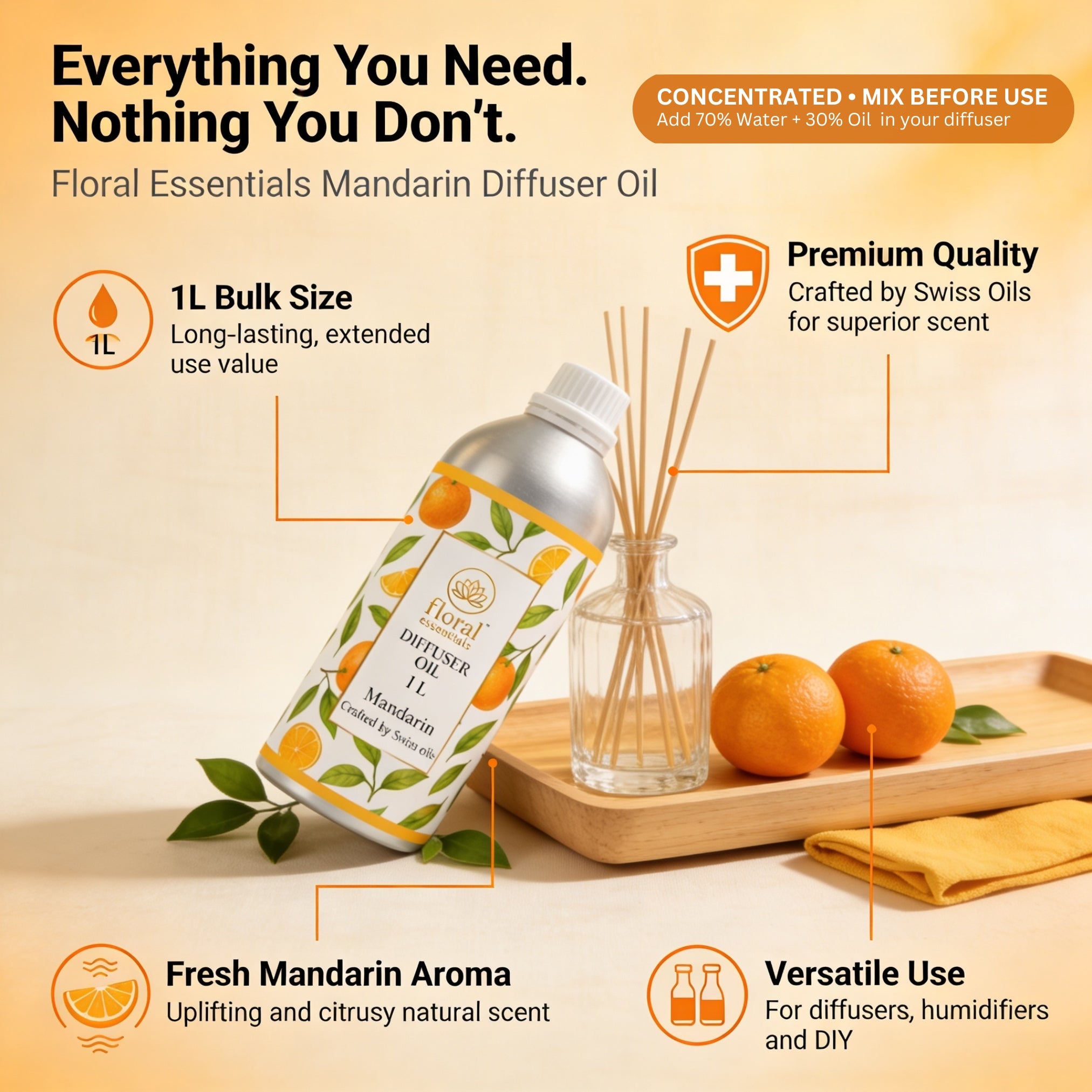 Floral Essentials Mandarin Diffuser Oil 1L | Bright Citrus Aroma Oil for Diffusers