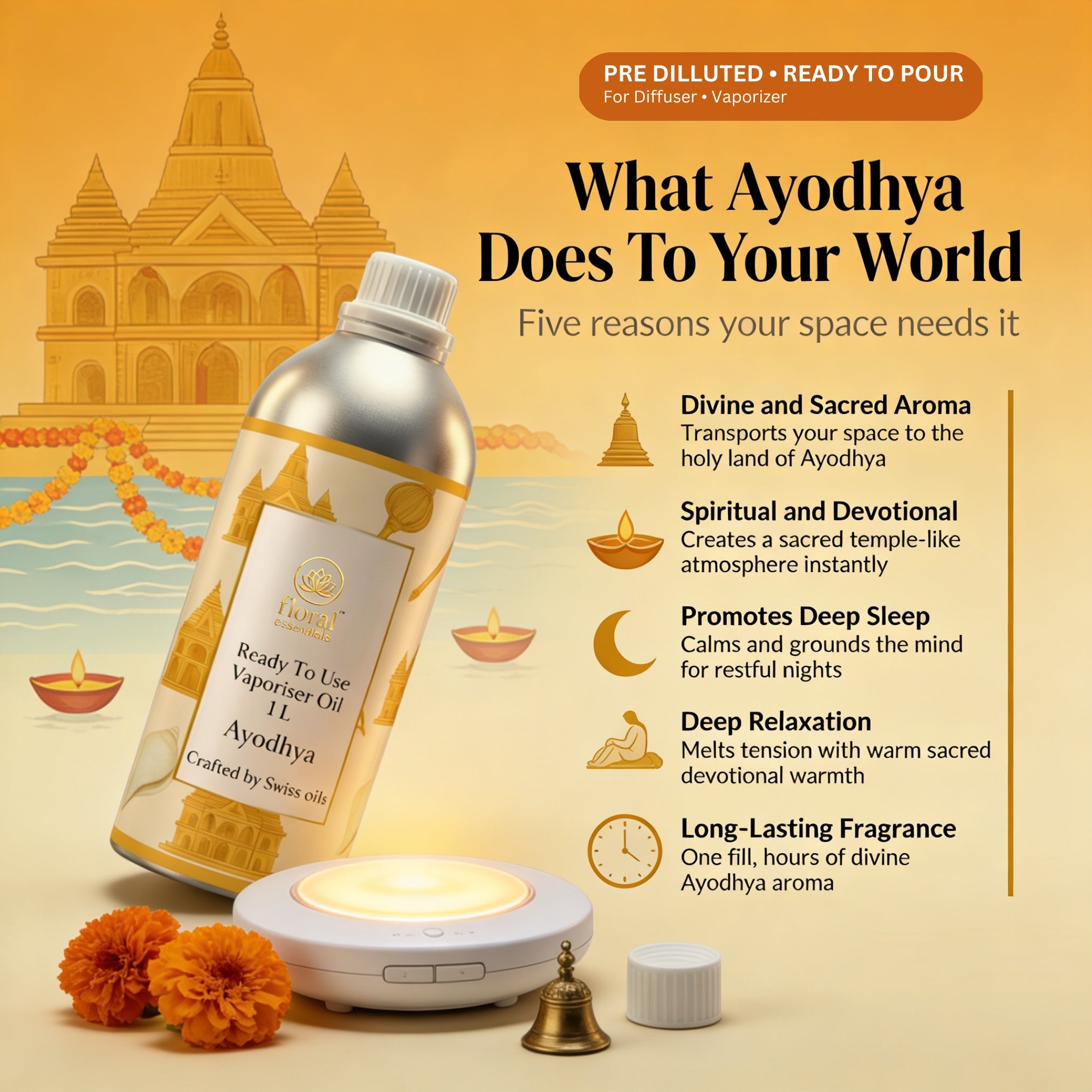 Floral Essentials Ayodhya Vaporiser Oil 1L | Ready to Use Aroma Oil