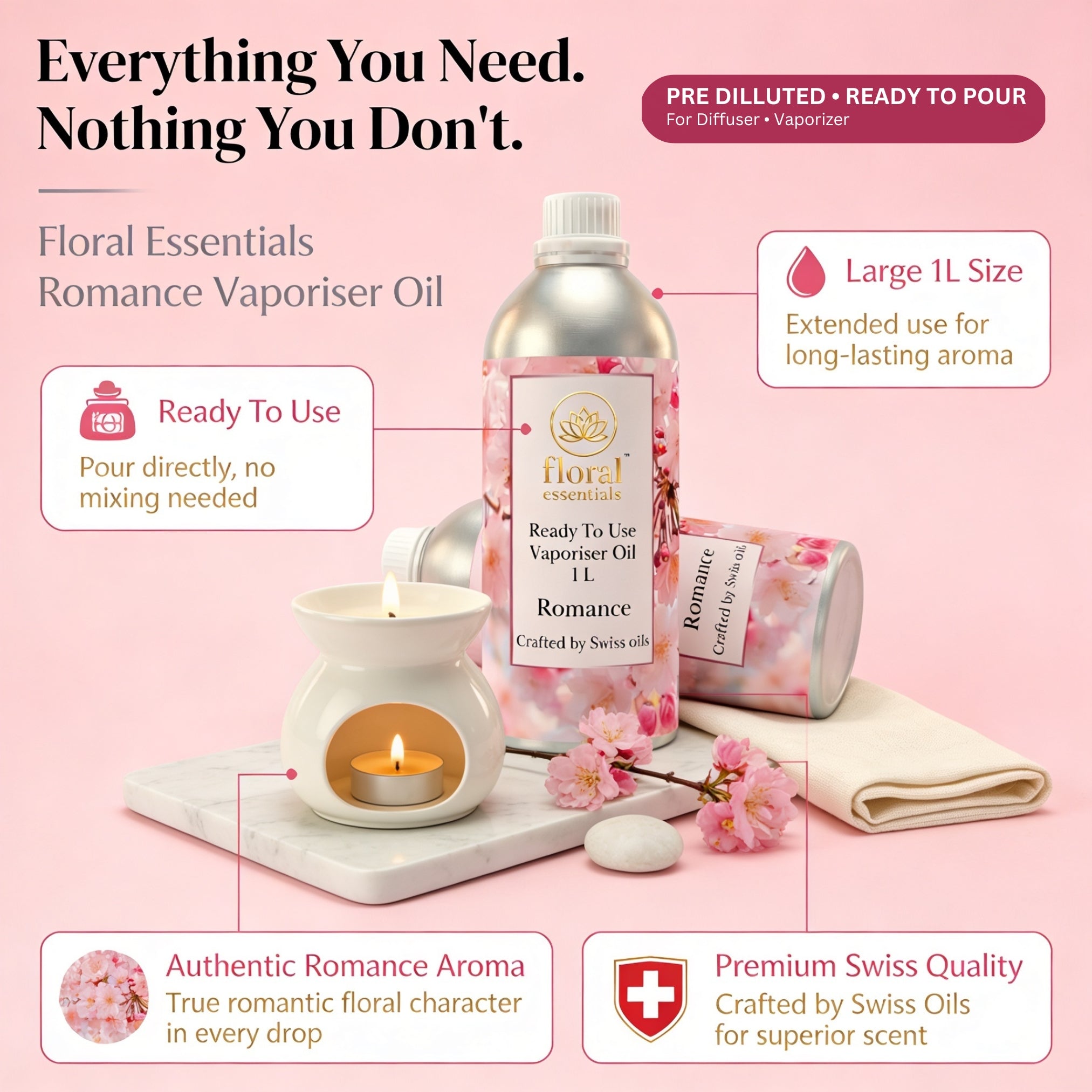 Floral Essentials Romance Vaporiser Oil 1L | Ready to Use Aroma Oil