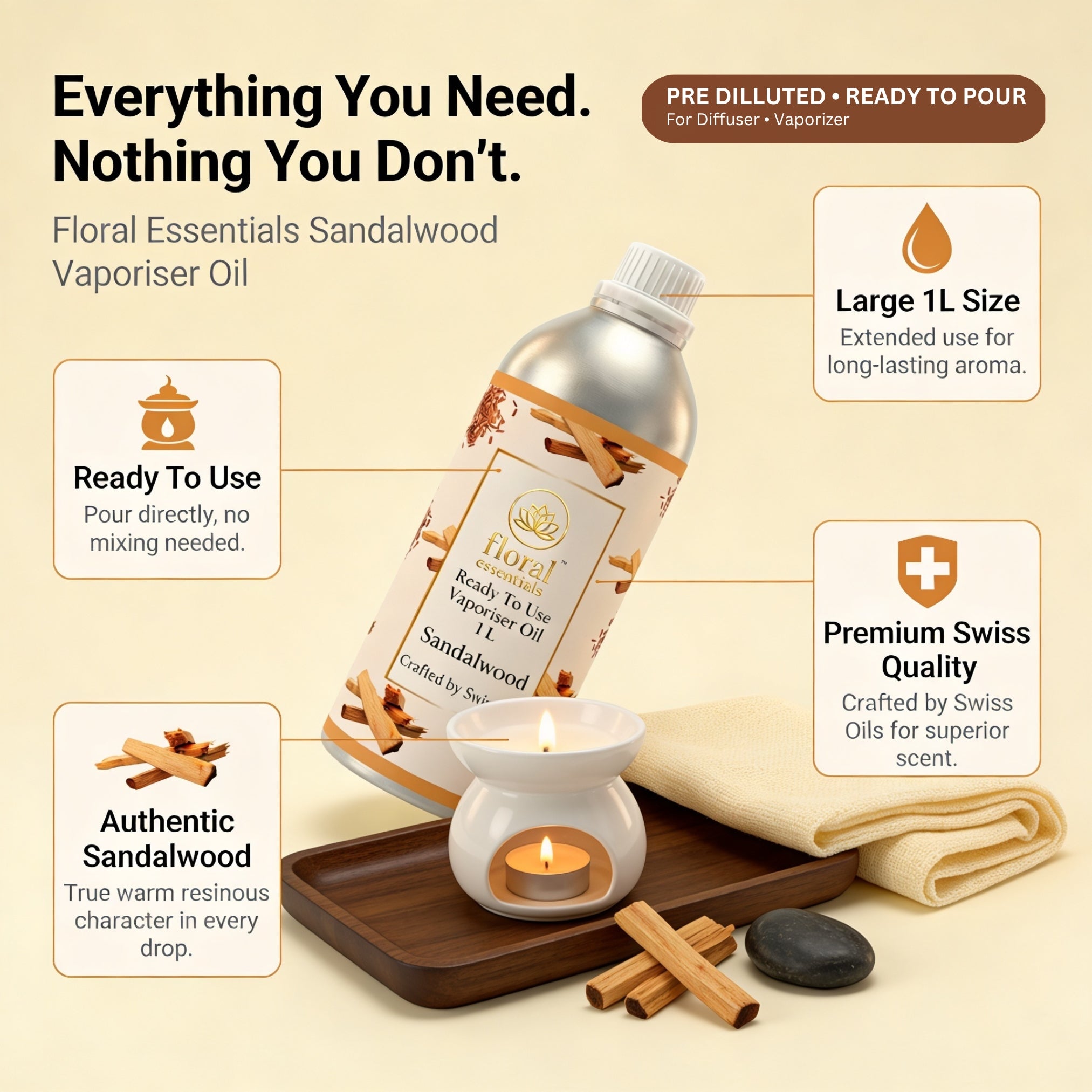 Floral Essentials Sandalwood Vaporiser Oil 1L | Ready to Use Aroma Oil