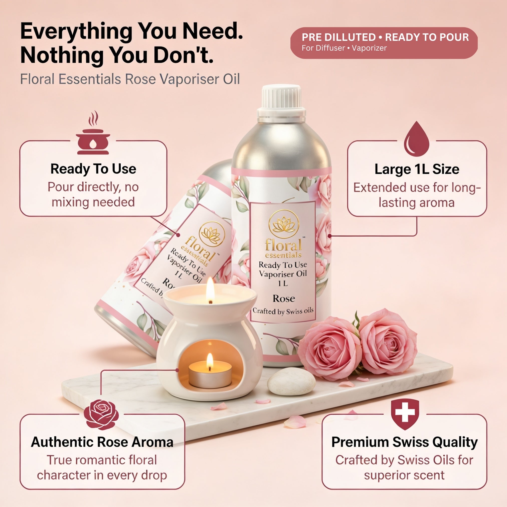 Floral Essentials Rose Vaporiser Oil 1L | Ready to Use Aroma Oil
