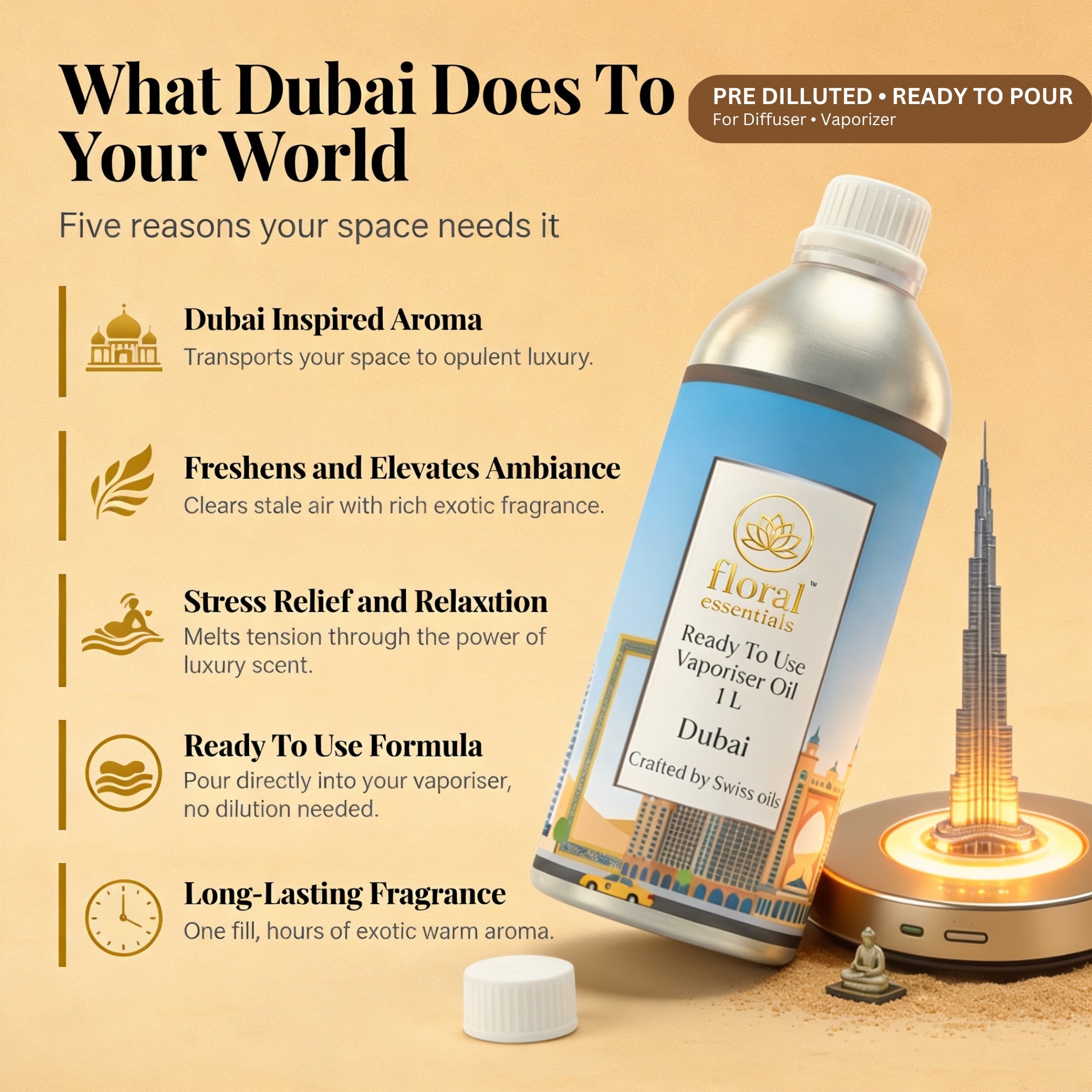 Floral Essentials Dubai Vaporiser Oil 1L | Ready to Use Aroma Oil