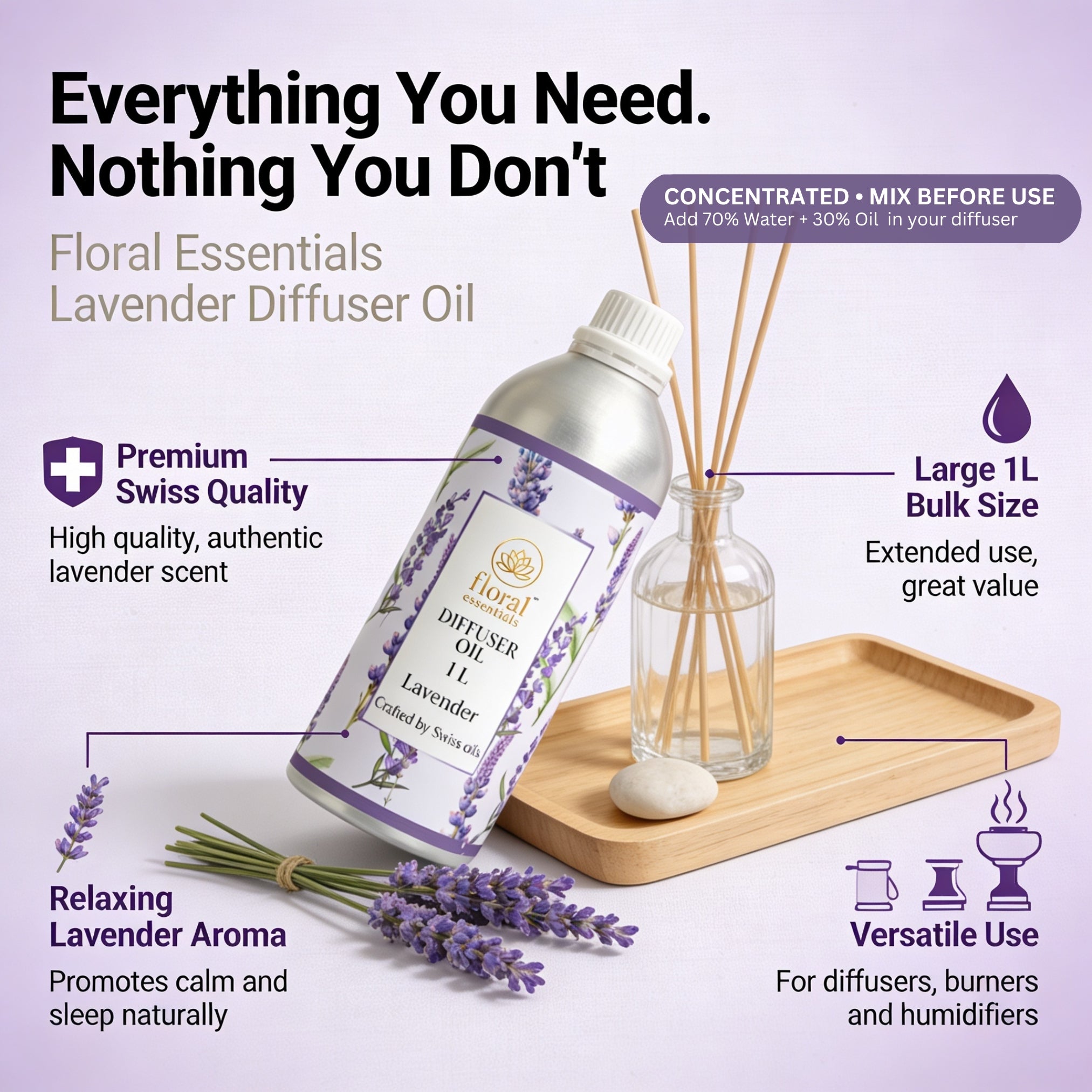 Floral Essentials Lavender Diffuser Oil 1L | Aroma Oil for Reed, Ultrasonic & Electric Diffusers