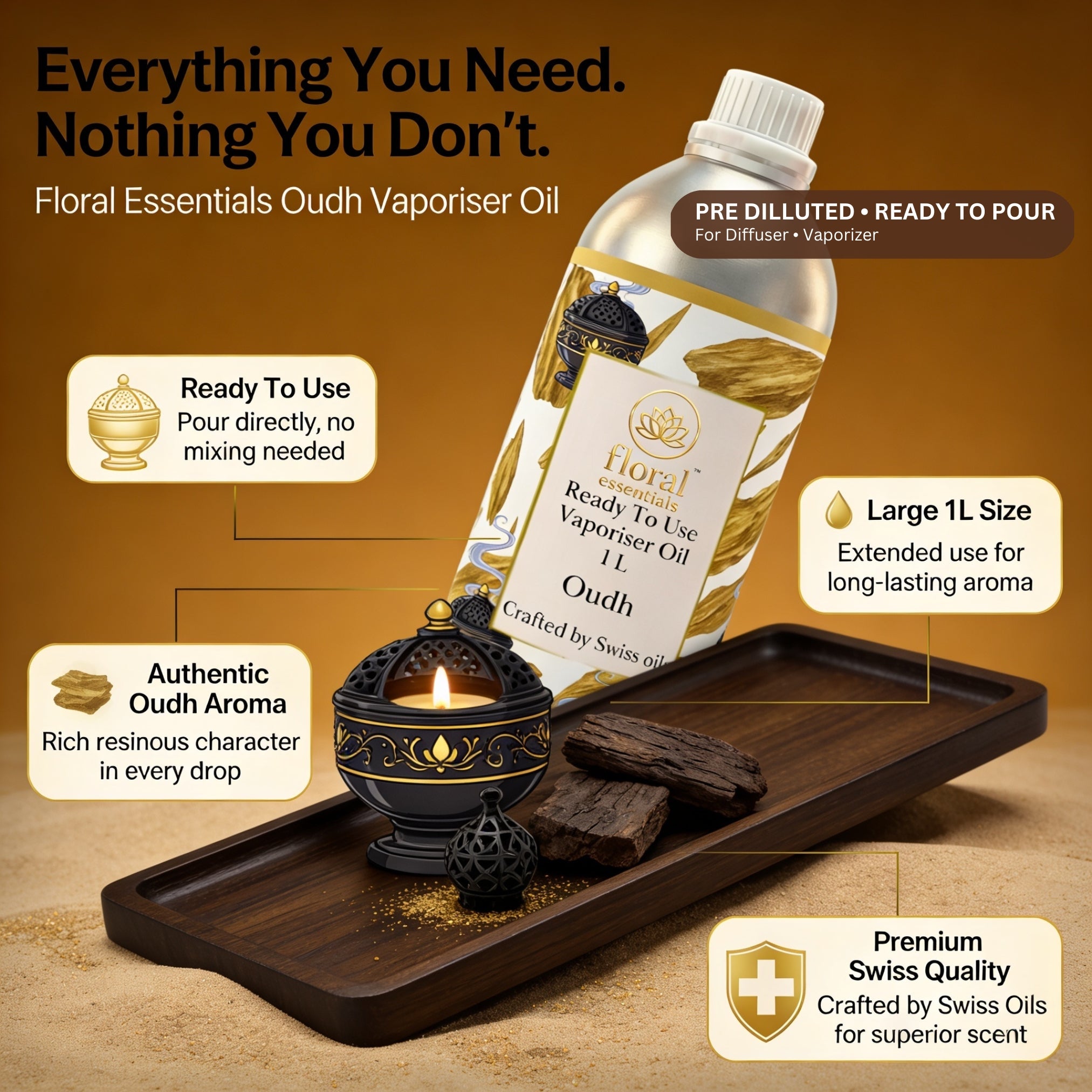 Floral Essentials Oudh Vaporiser Oil 1L | Ready to Use Aroma Oil