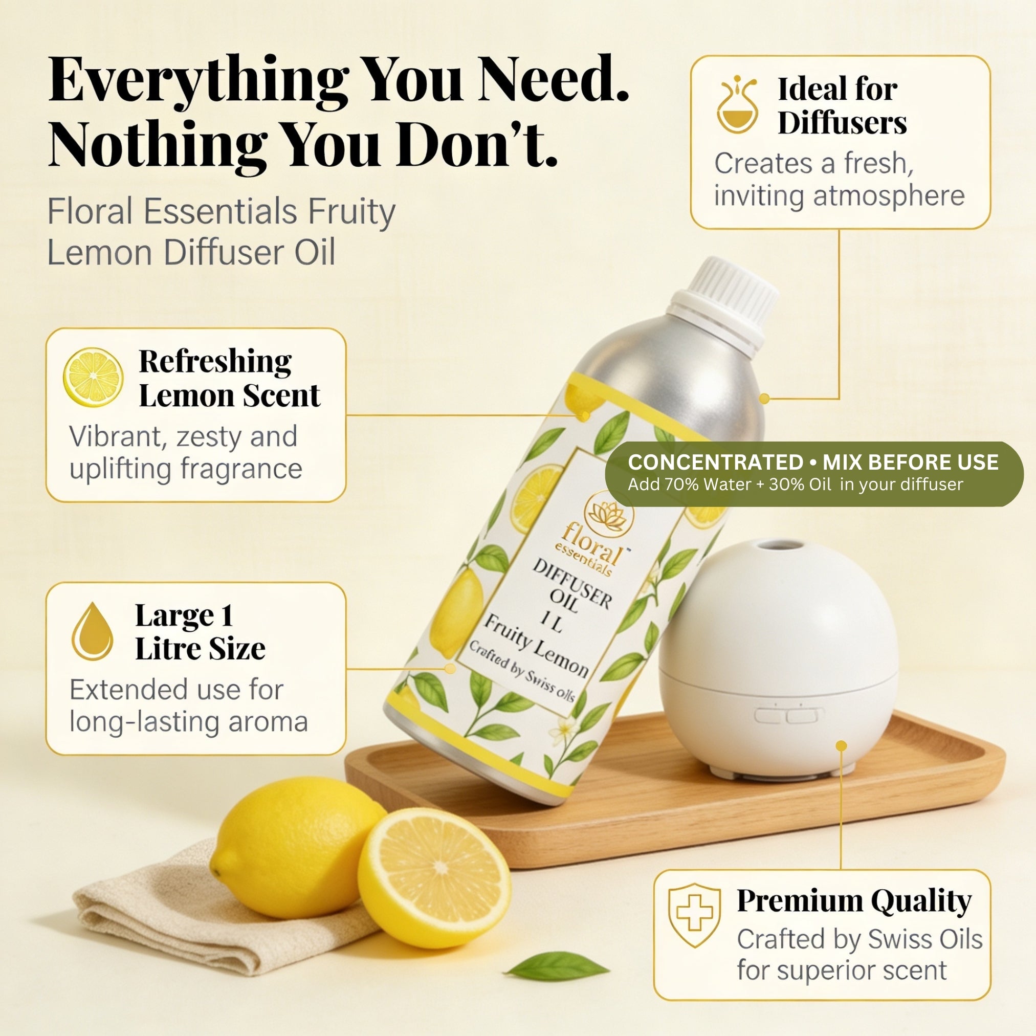 Floral Essentials Fruity Lemon Diffuser Oil 1L | Fresh Citrus Aroma Oil for Diffusers