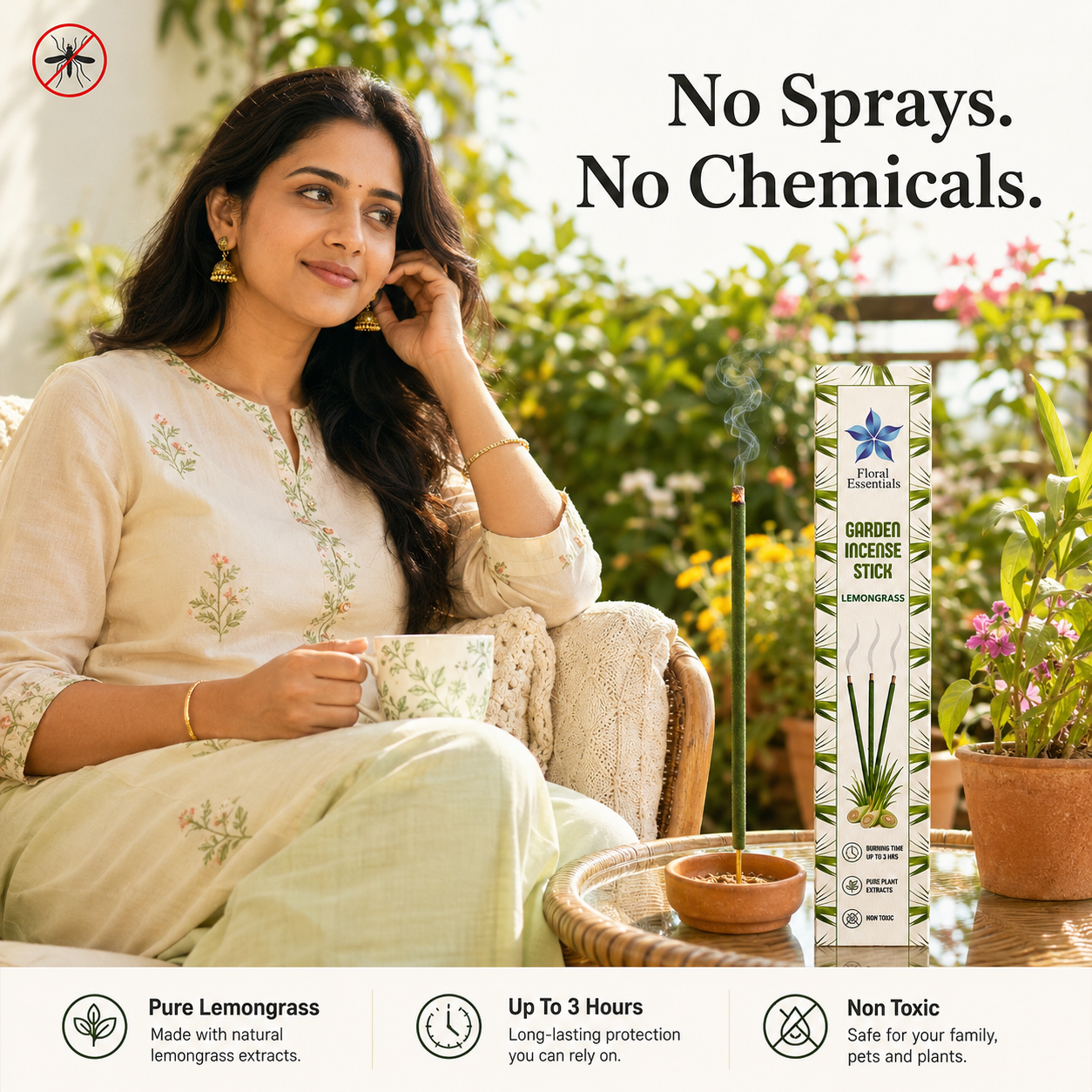Floral Essentials Lemongrass Mosquito Repellent Incense Sticks | Herbal Outdoor Agarbatti