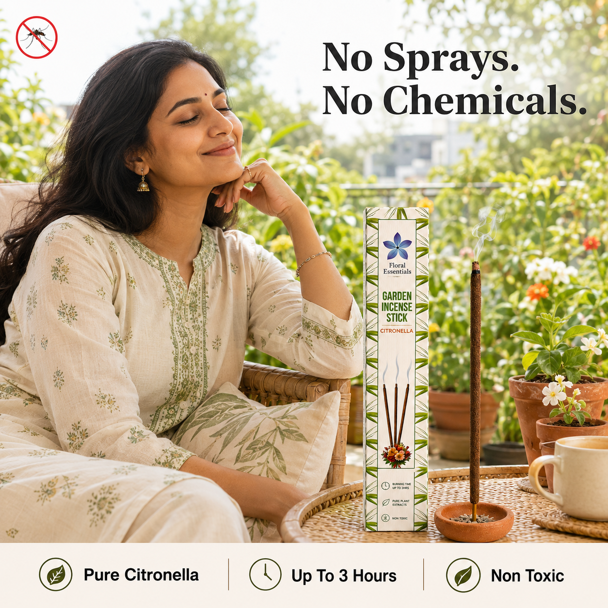 Floral Essentials Citronella Mosquito Repellent Agarbatti | Herbal Outdoor Incense Sticks