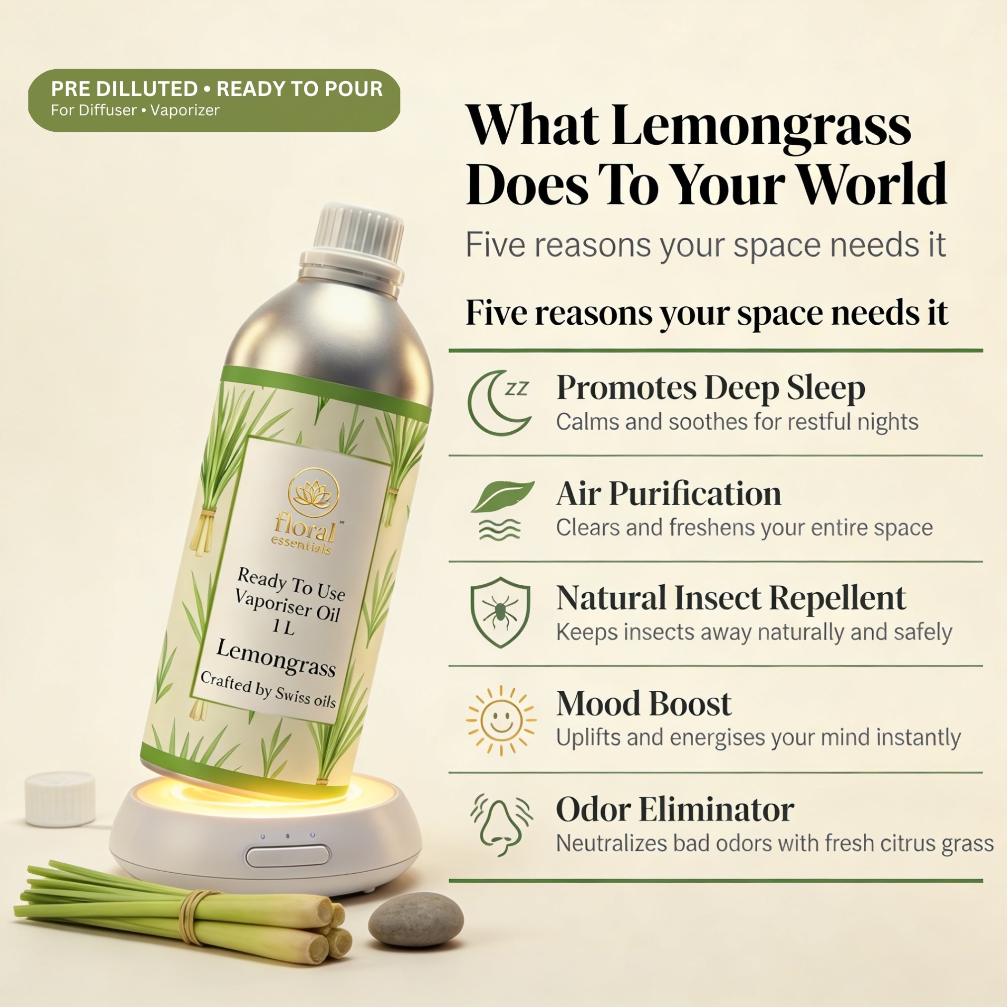 Floral Essentials Lemongrass Vaporiser Oil 1L | Ready to Use Aroma Oil
