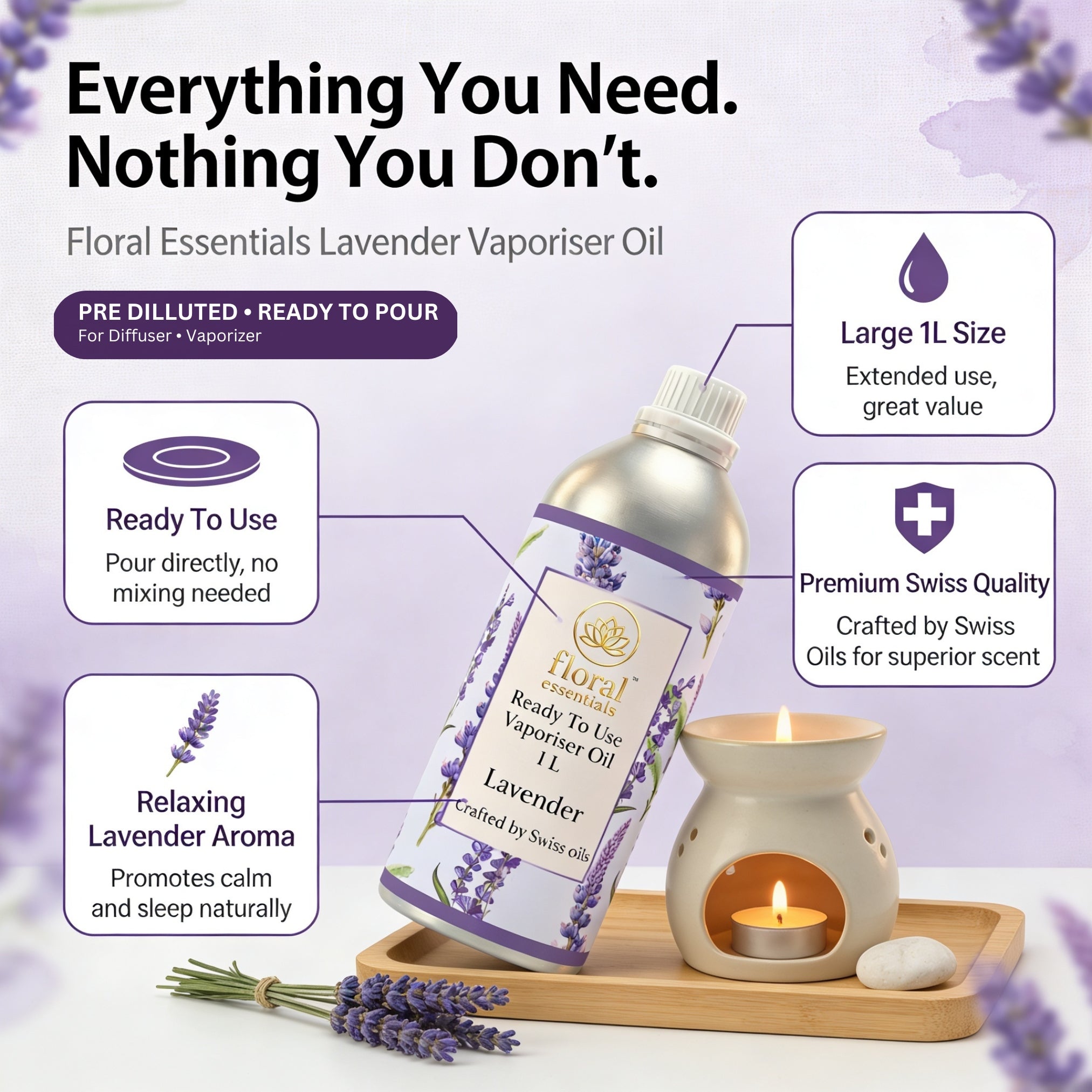 Floral Essentials Lavender Vaporiser Oil 1L | Ready to Use Aroma Oil