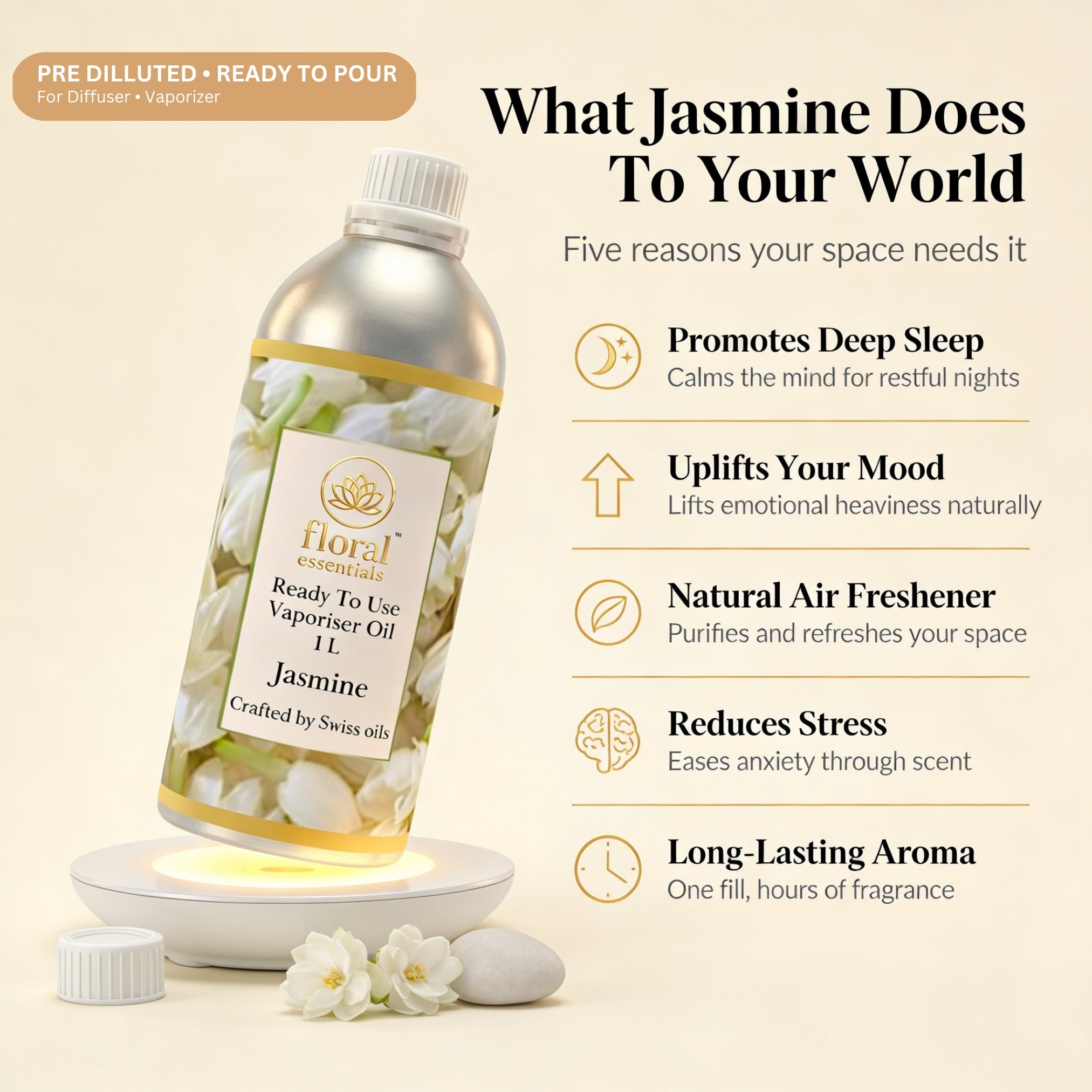 Floral Essentials Jasmine Vaporiser Oil 1L | Ready to Use Aroma Oil