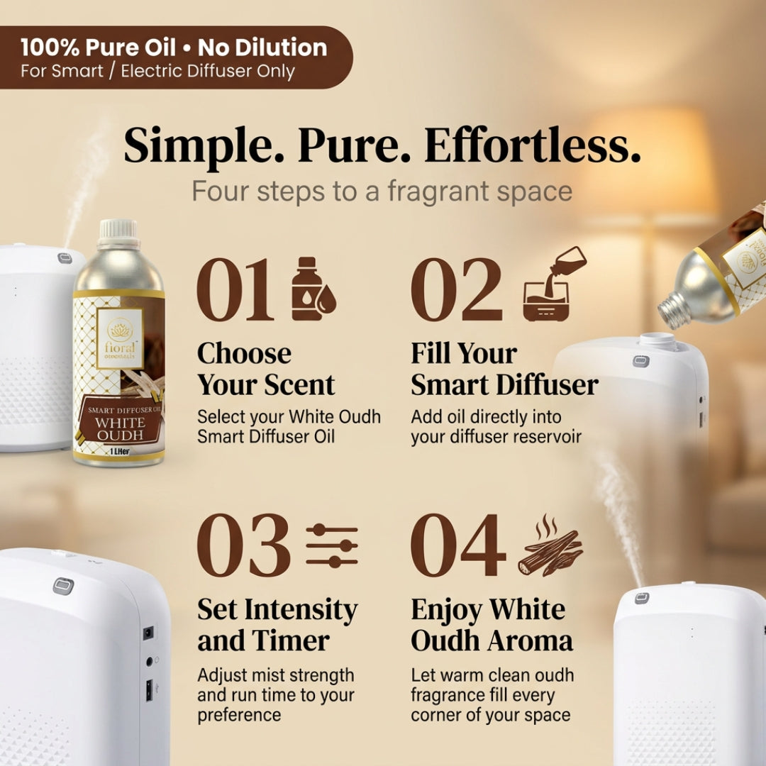 Floral Essentials White Oudh Smart Diffuser Oil 1L | Hotel Collection | Smart & Electric Diffuser Compatible