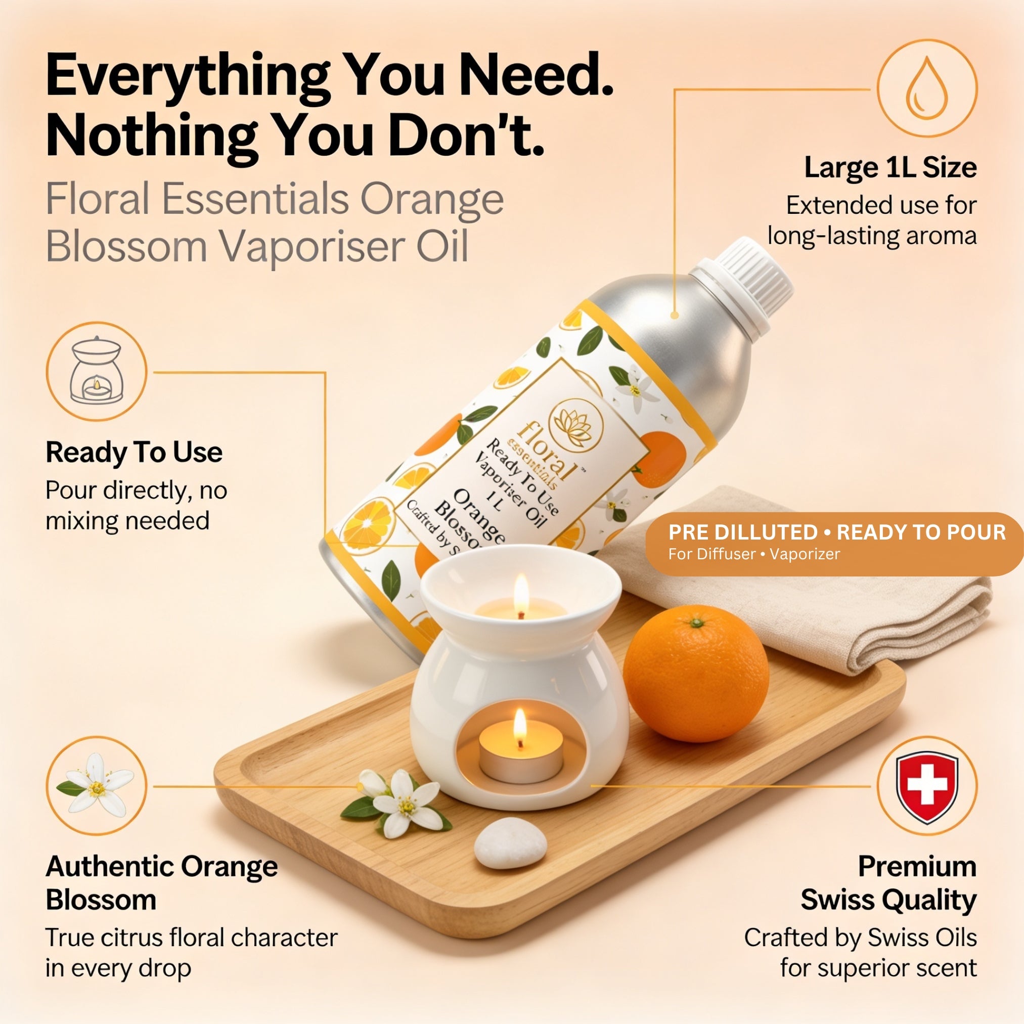 Floral Essentials Orange Blossom Vaporiser Oil 1L | Ready to Use Aroma Oil