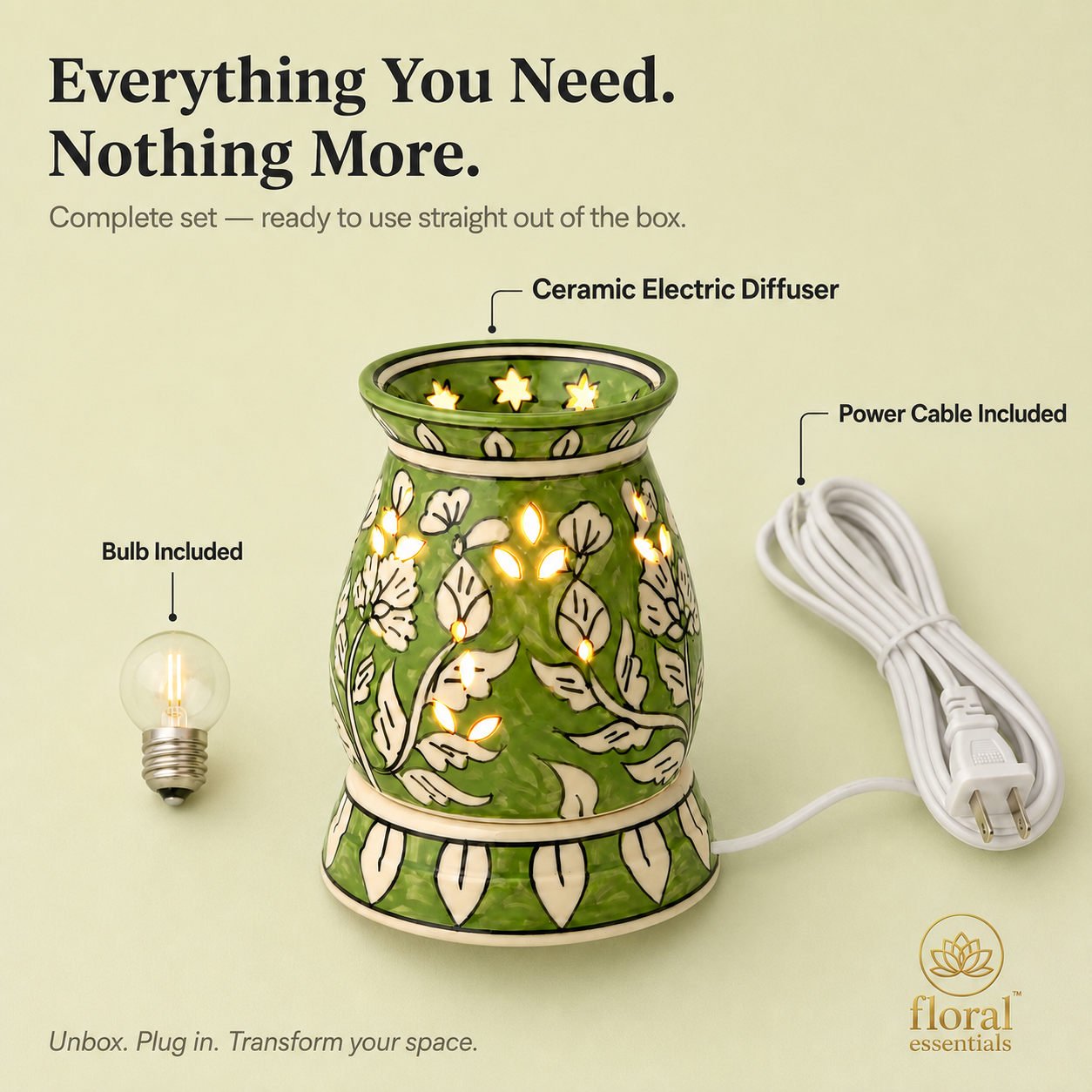 Floral Essentials Ceramic Electric Diffuser | Aroma Oil Burner | Elegant Minimal Design