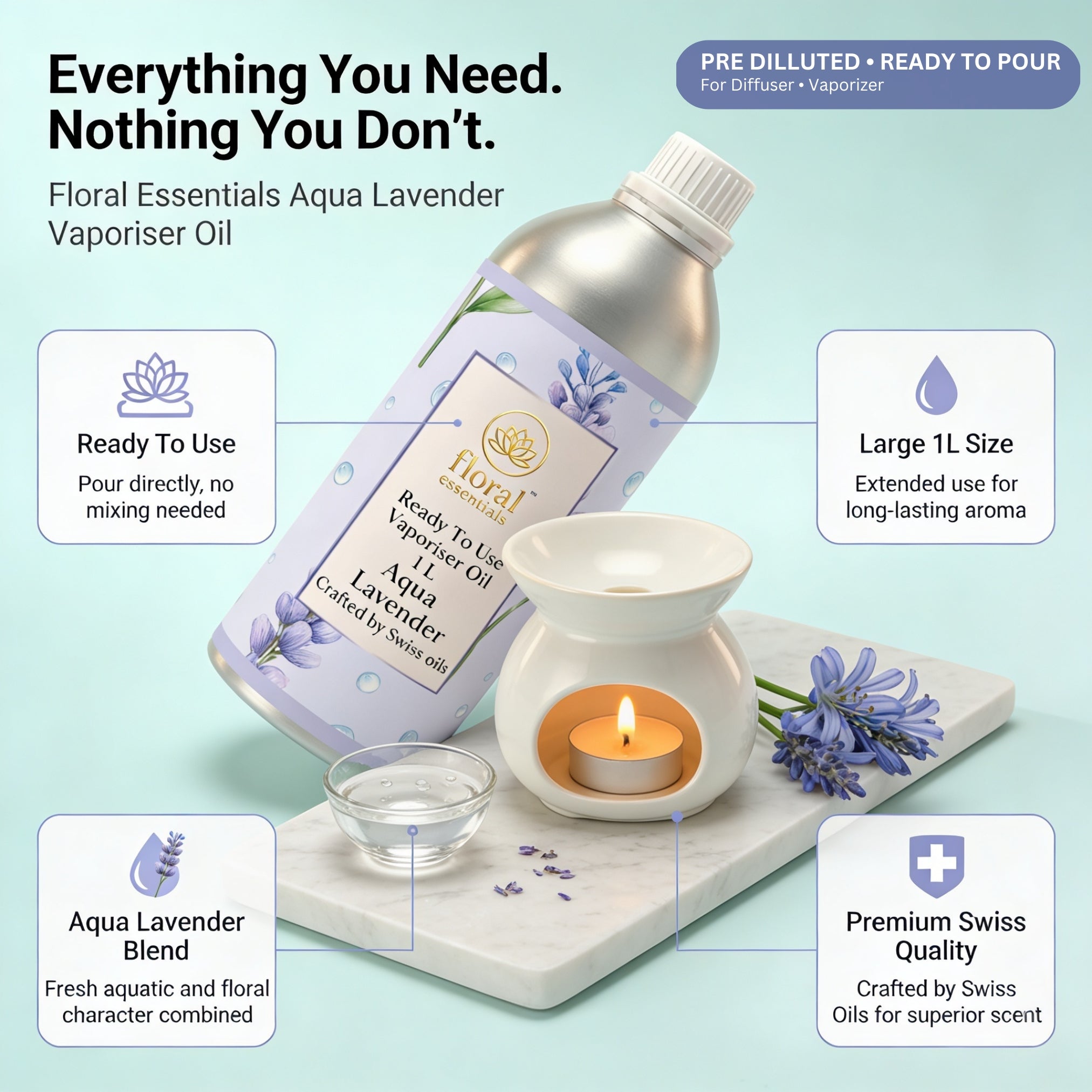 Floral Essentials Aqua Lavender Vaporiser Oil 1L | Ready to Use Aroma Oil