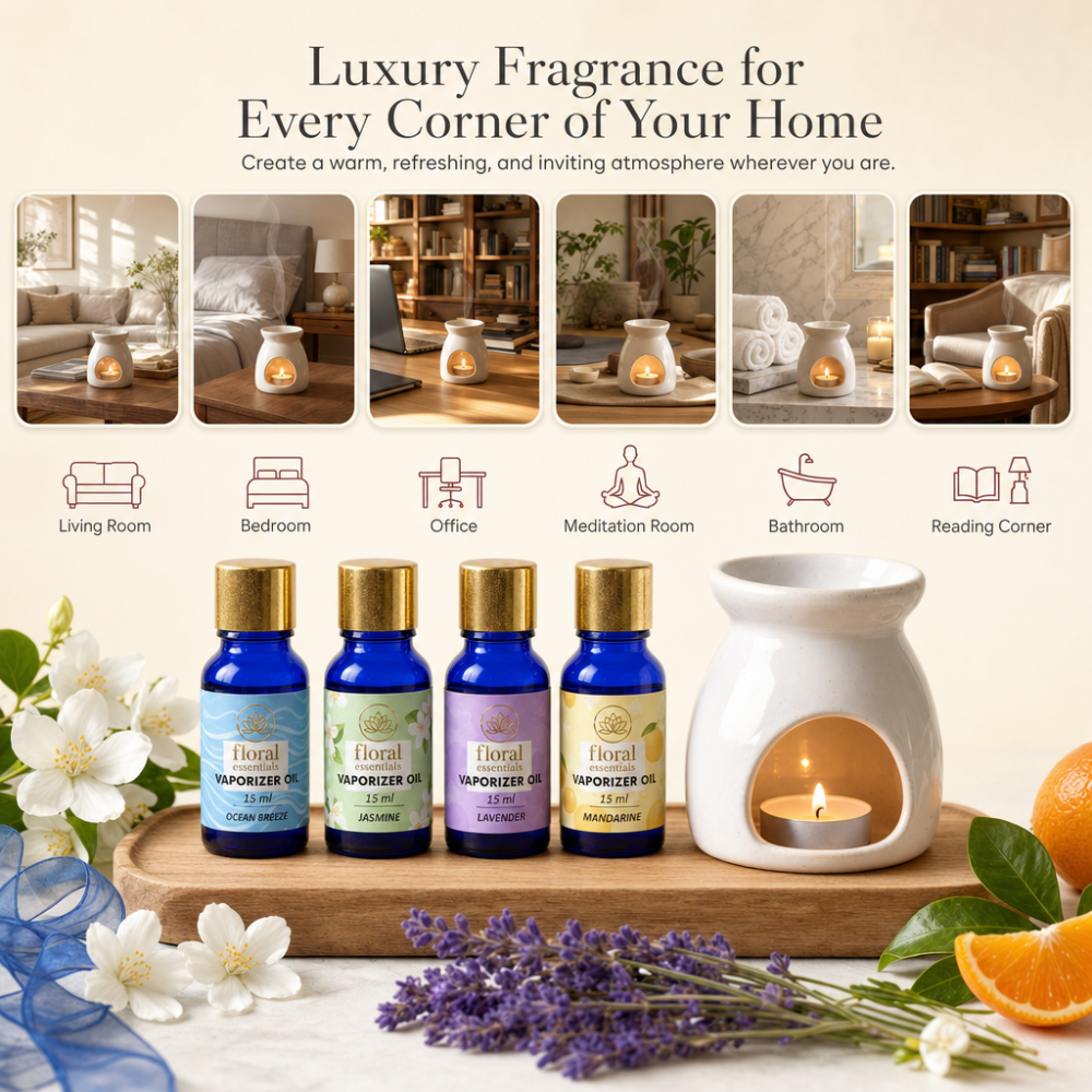 Floral Essentials 4-Pack 15ml Vaporiser Oils | Ocean Breeze, Jasmine, Lavender & Mandarin