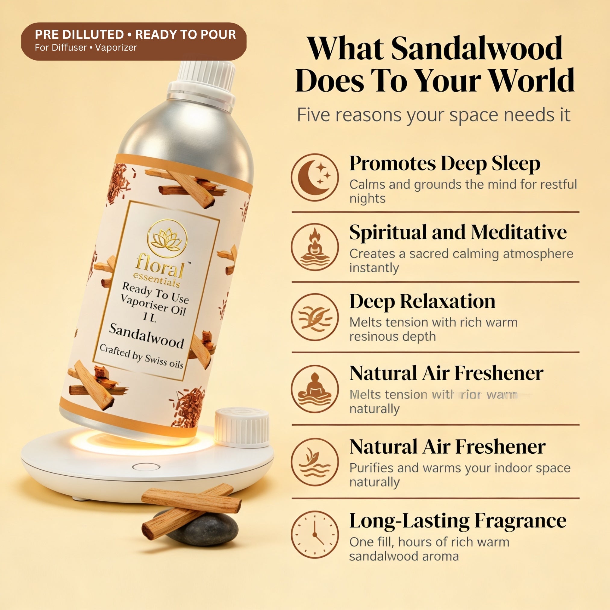 Floral Essentials Sandalwood Vaporiser Oil 1L | Ready to Use Aroma Oil
