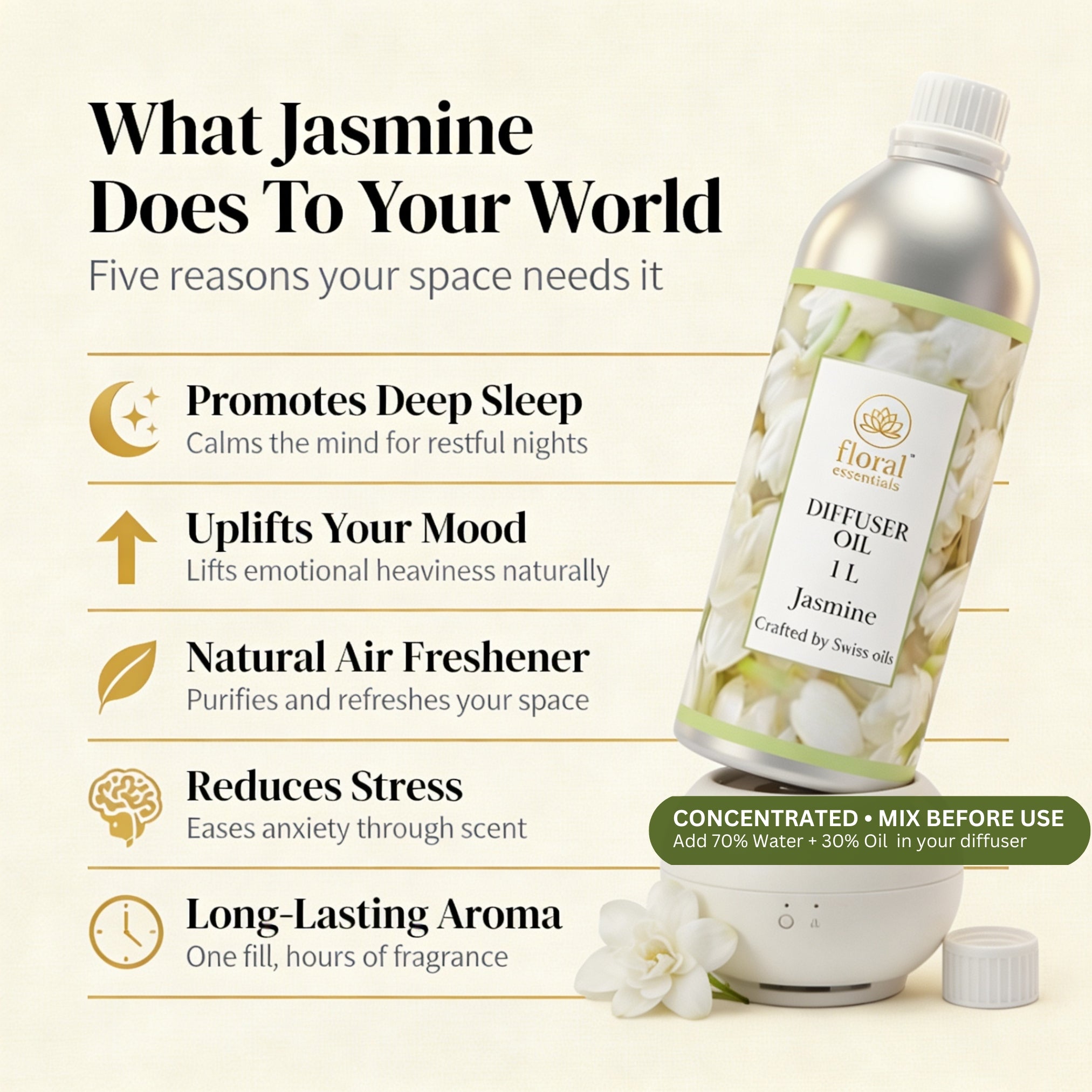 Floral Essentials Jasmine Diffuser Oil 1L | Aroma Oil for Diffusers