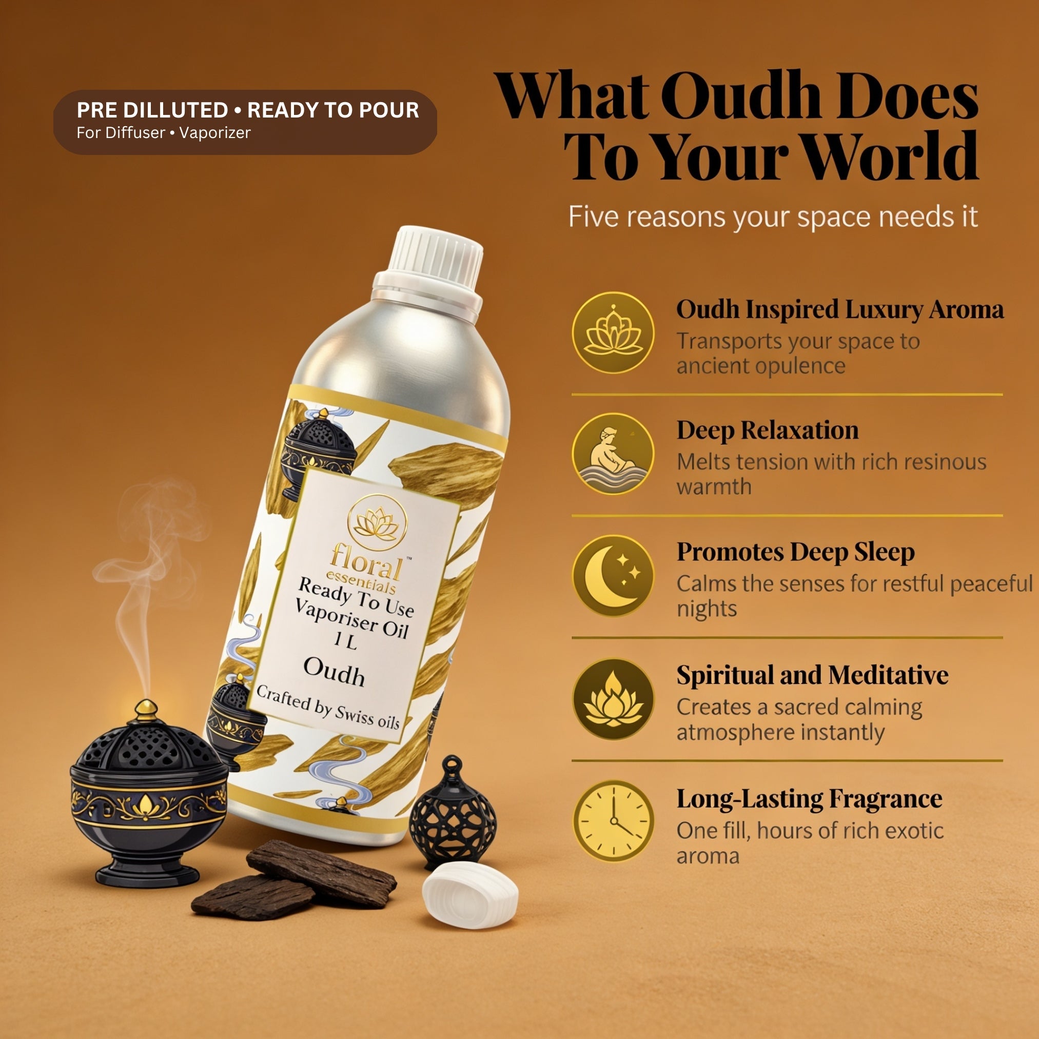 Floral Essentials Oudh Vaporiser Oil 1L | Ready to Use Aroma Oil