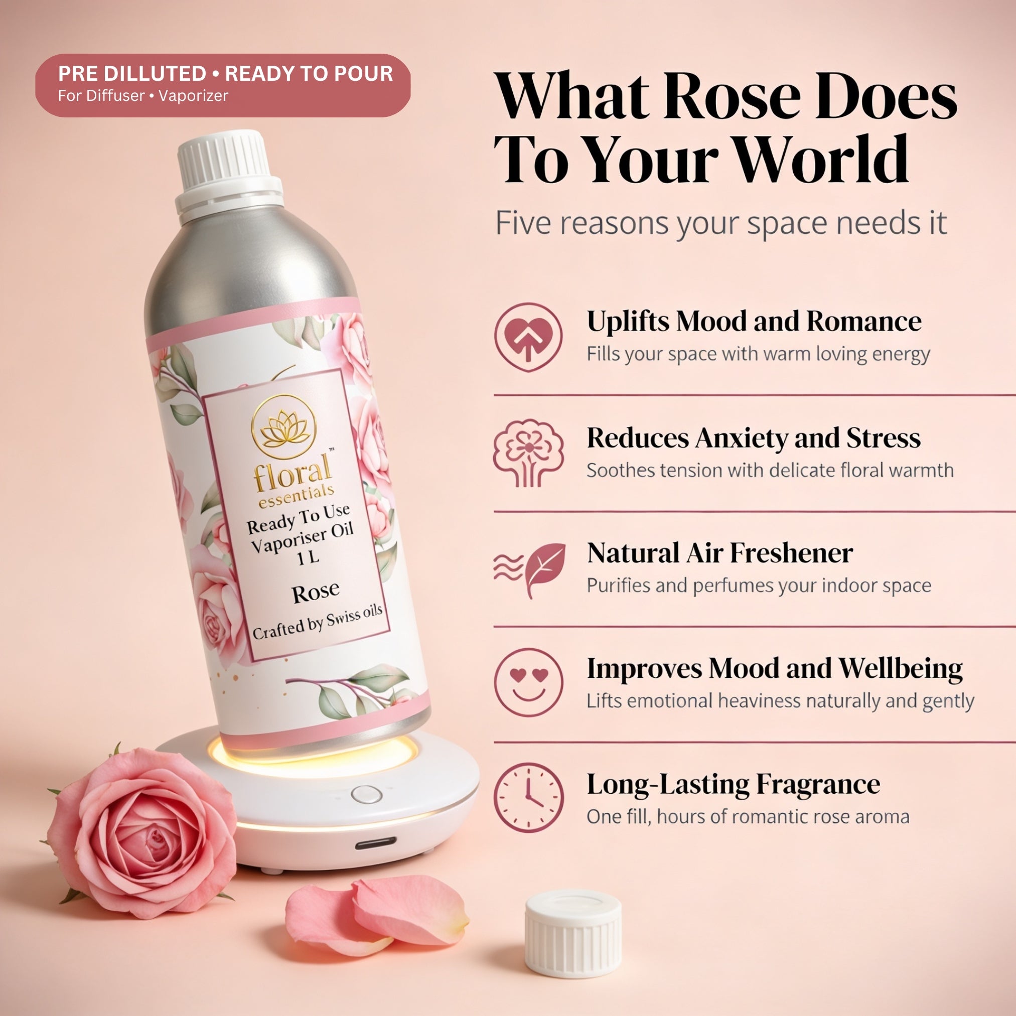 Floral Essentials Rose Vaporiser Oil 1L | Ready to Use Aroma Oil