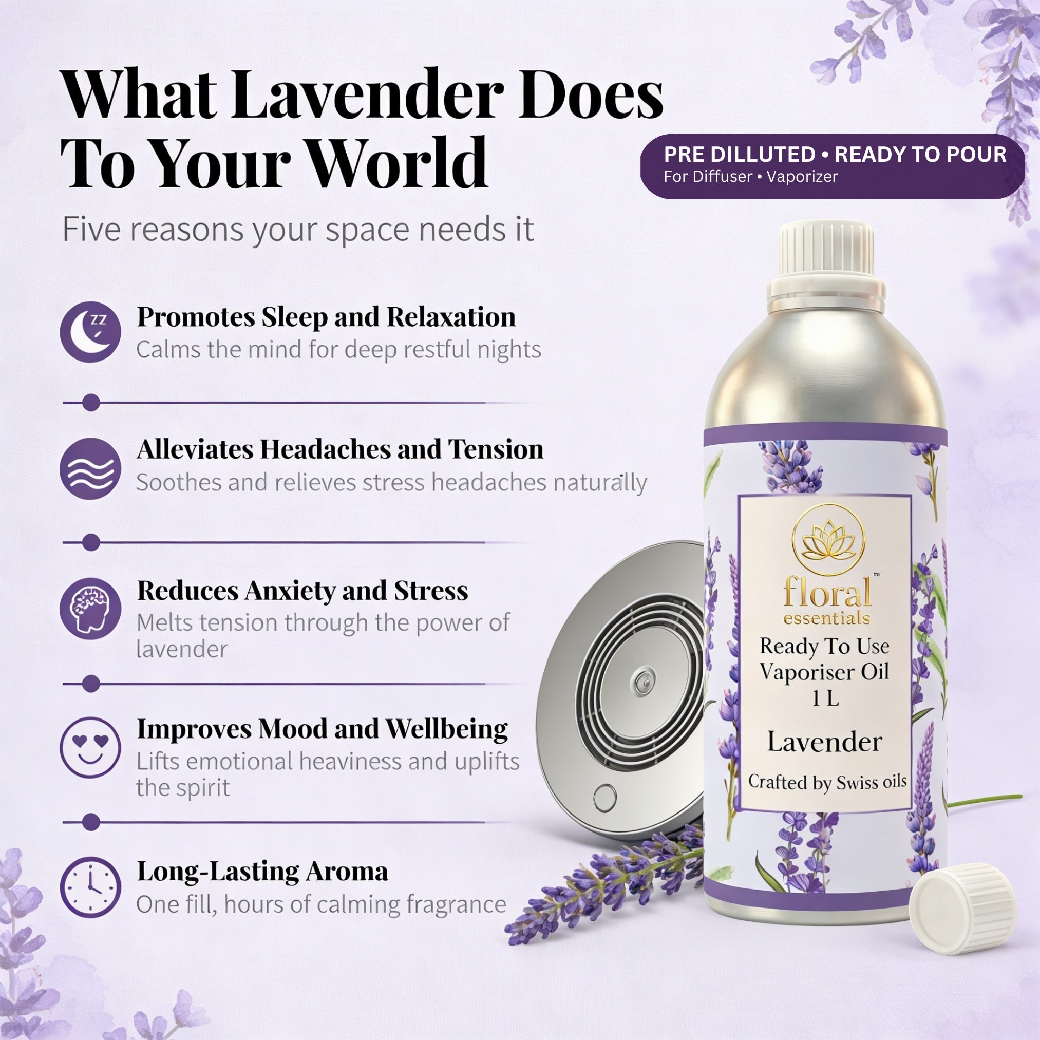Floral Essentials Lavender Vaporiser Oil 1L | Ready to Use Aroma Oil