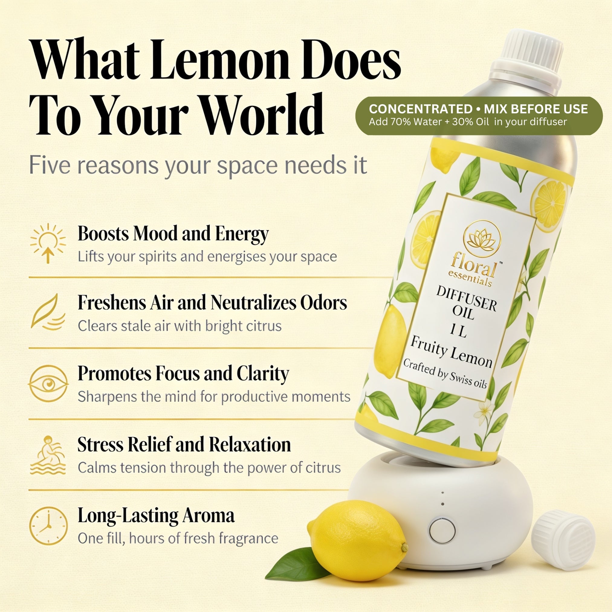 Floral Essentials Fruity Lemon Diffuser Oil 1L | Fresh Citrus Aroma Oil for Diffusers