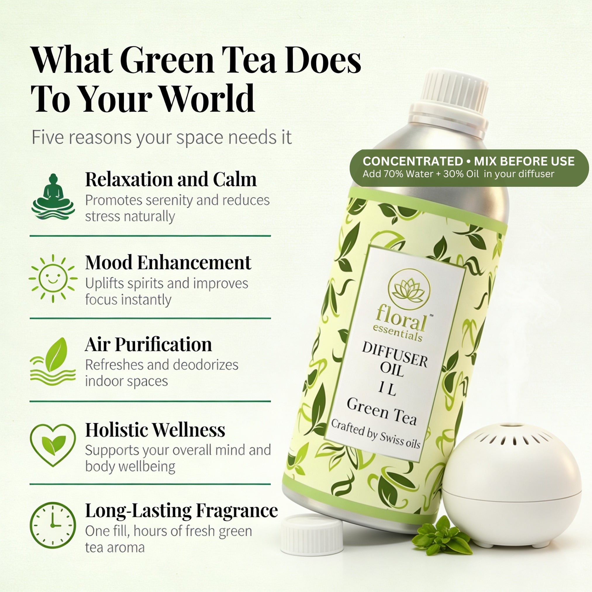 Floral Essentials Green Tea Diffuser Oil 1L | Fresh Herbal Aroma Oil for Diffusers