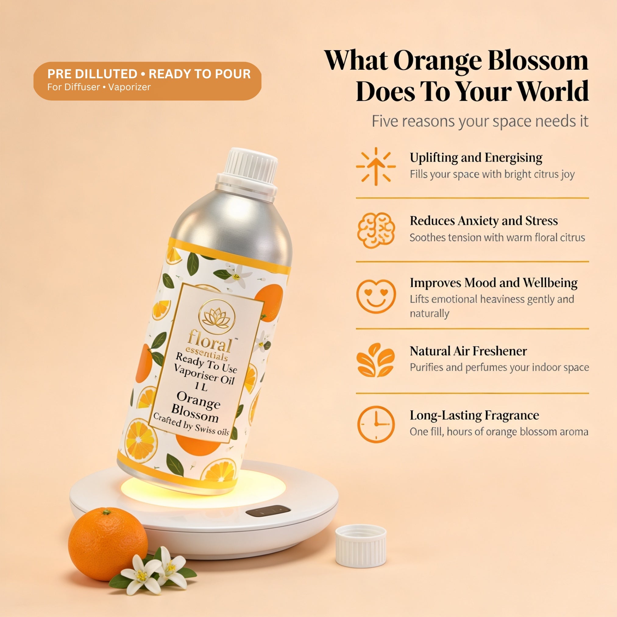 Floral Essentials Orange Blossom Vaporiser Oil 1L | Ready to Use Aroma Oil